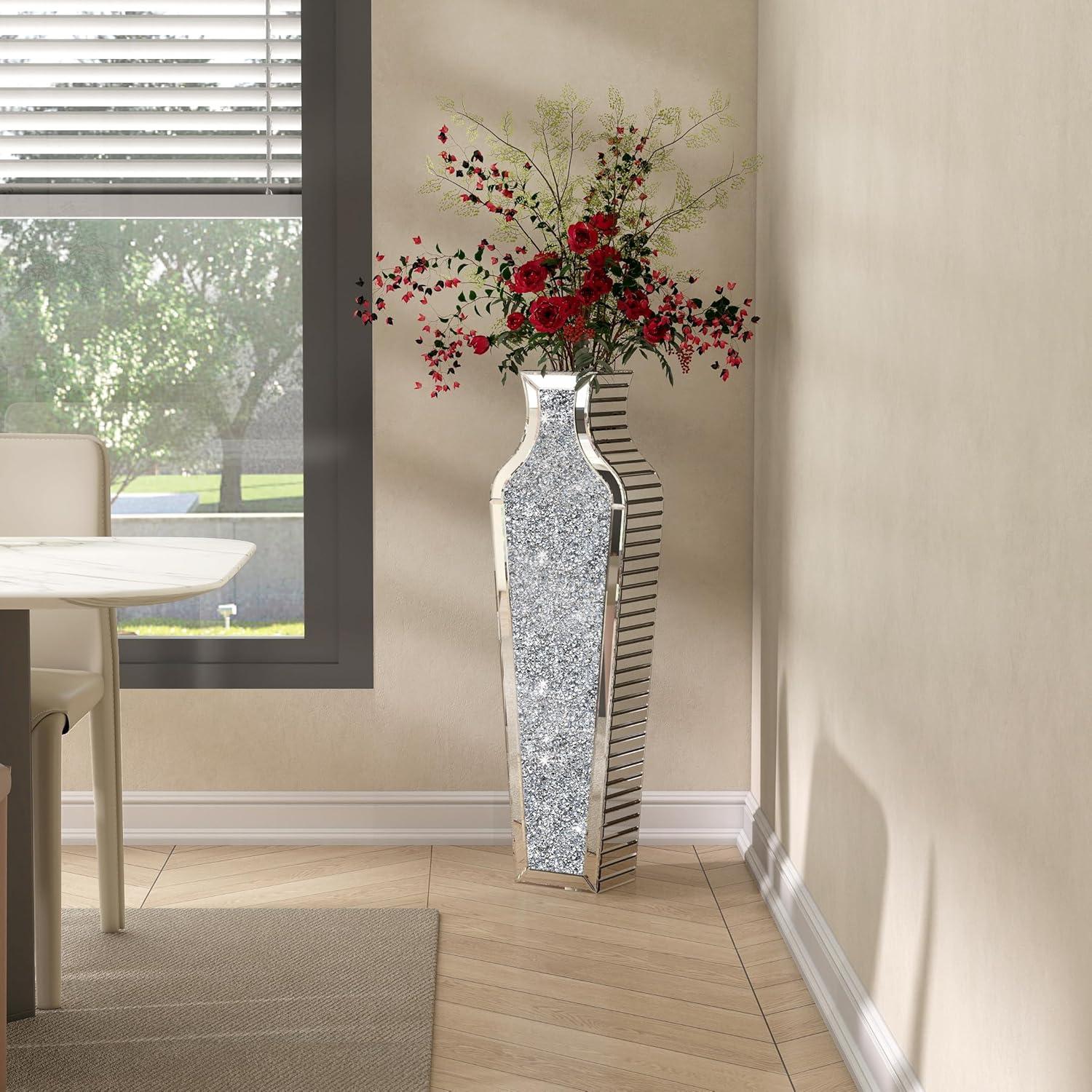 Tall Silver Mirrored Glass Floor Vase with Crushed Diamond