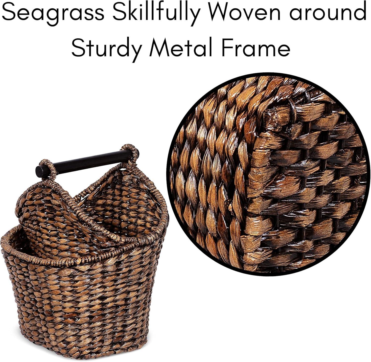 Hand-Woven Brown Seagrass Rectangular Basket with Wooden Handle