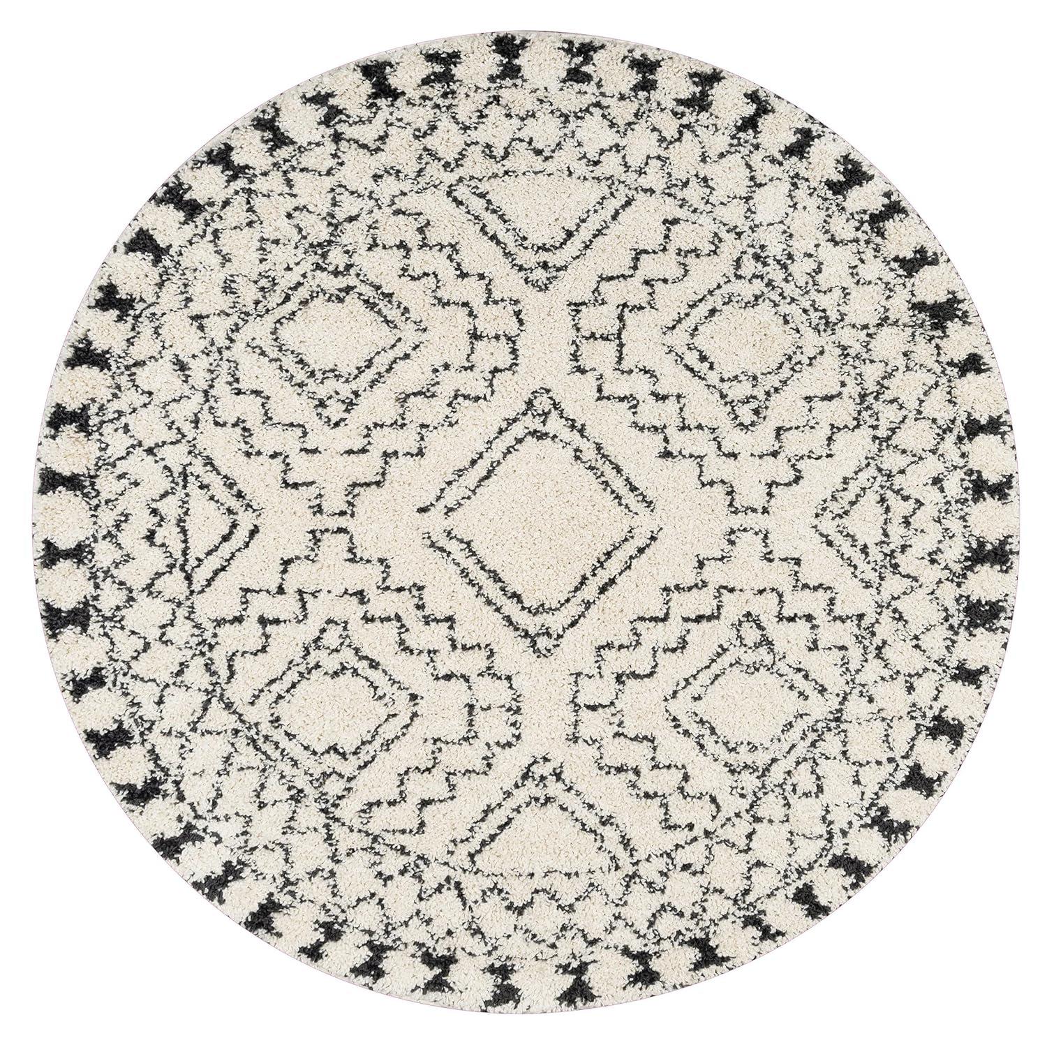 Nuloom Vasiliki Geometric 6 Round Shag Indoor Area Rug for Living Room Bedroom Dining Room Nursery, Off White/Charcoal
