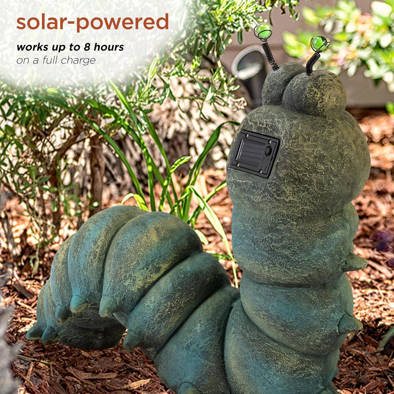 16-inch Green Solar-Powered Caterpillar Garden Statue with LED Eyes