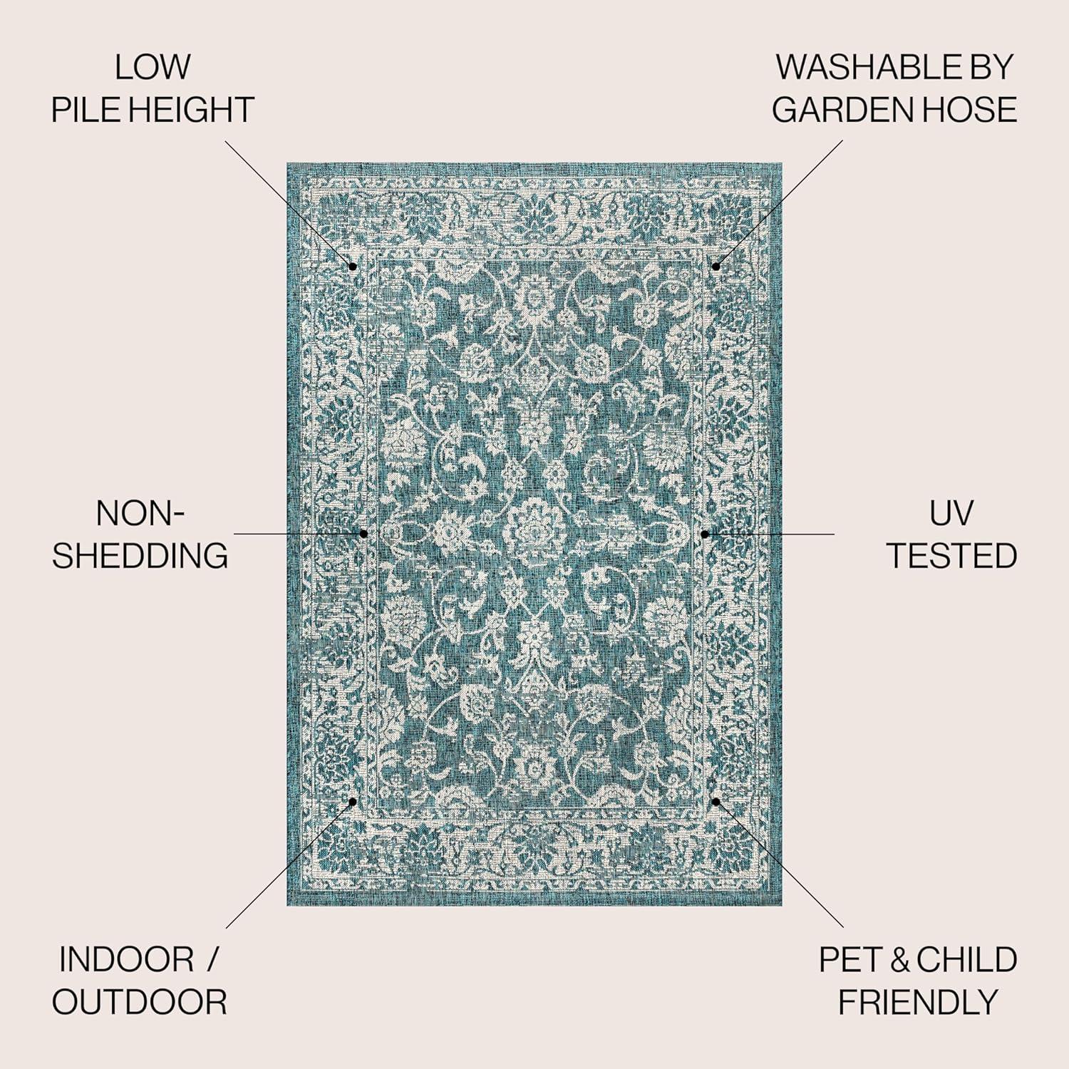 8'x10' Tela Bohemian Textured Weave Floral Indoor/Outdoor Area Rug, Teal/Gray - JONATHAN Y