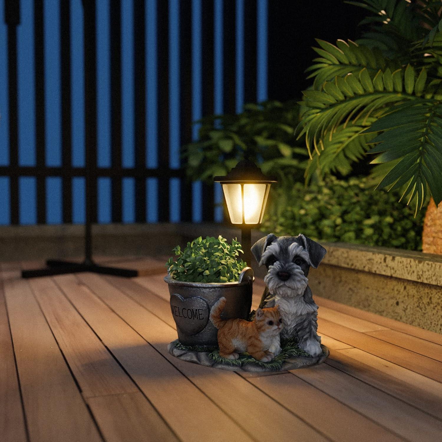 Lights And Flowerpot Funny Garden Decor Housewarming Gifts Lights For Patio Yard, Balcony Decorations (Dog And Cat)