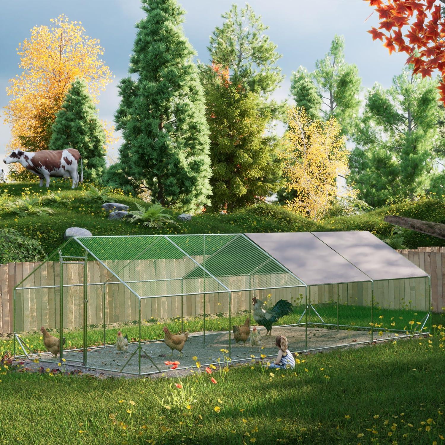 Outdoor Metal Chicken Coop Large Walk-in Poultry Cage Spire-Shaped Chicken Run with Waterproof and Anti-Ultraviolet Cover for Outside,Backyard and Farm ,13' L x 9.8' W x 6.4' H