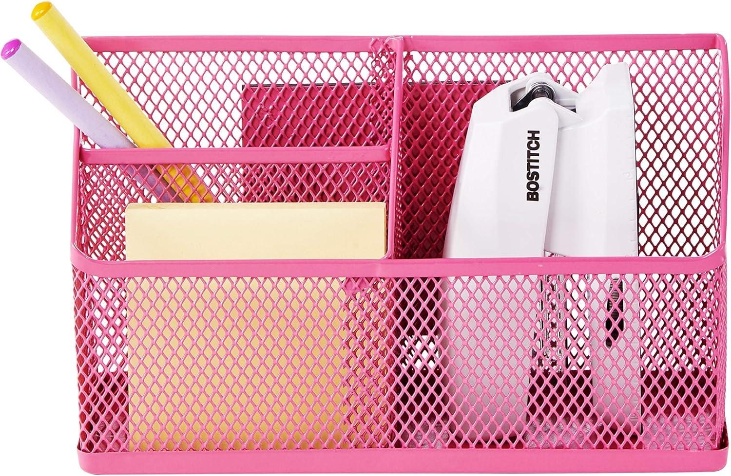 LockerMate Magnetic Pencil Holder, Locker Organizer with 3 Mesh Storage Compartments, Pink
