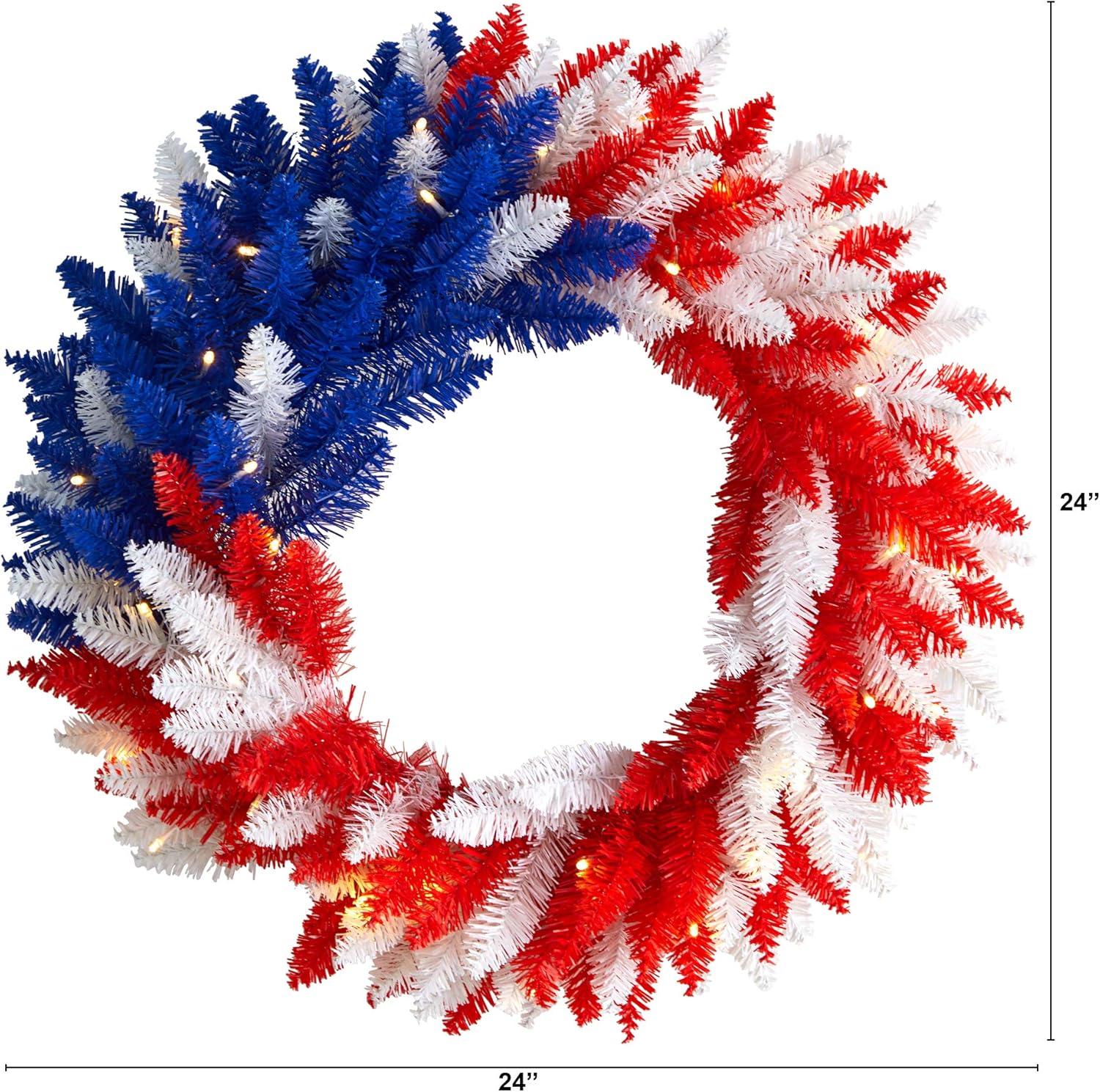 Nearly Natural 24” Patriotic Red, White and Blue “Americana” Wreath with 35 Warm LED Lights