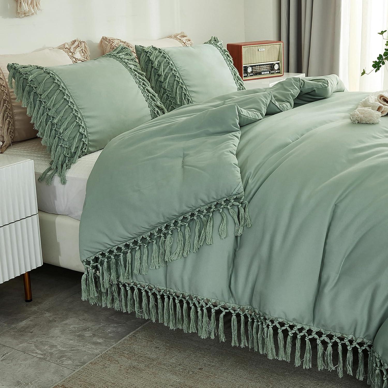 Sage Green King Microfiber Boho Tassel Comforter Set