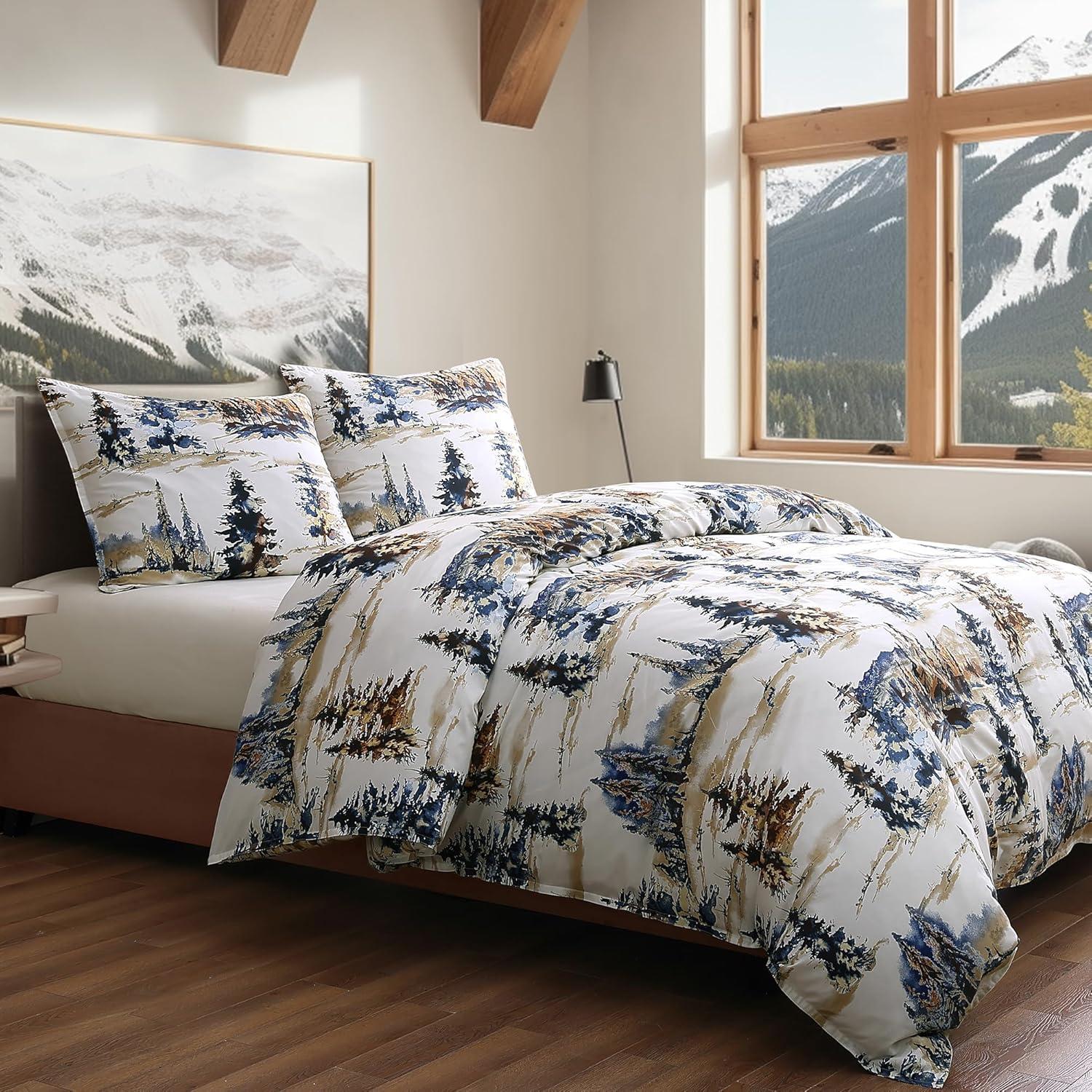 Acadia White Blue Copper Forest Print Cabin Lodge Rustic Cotton Comforter Set