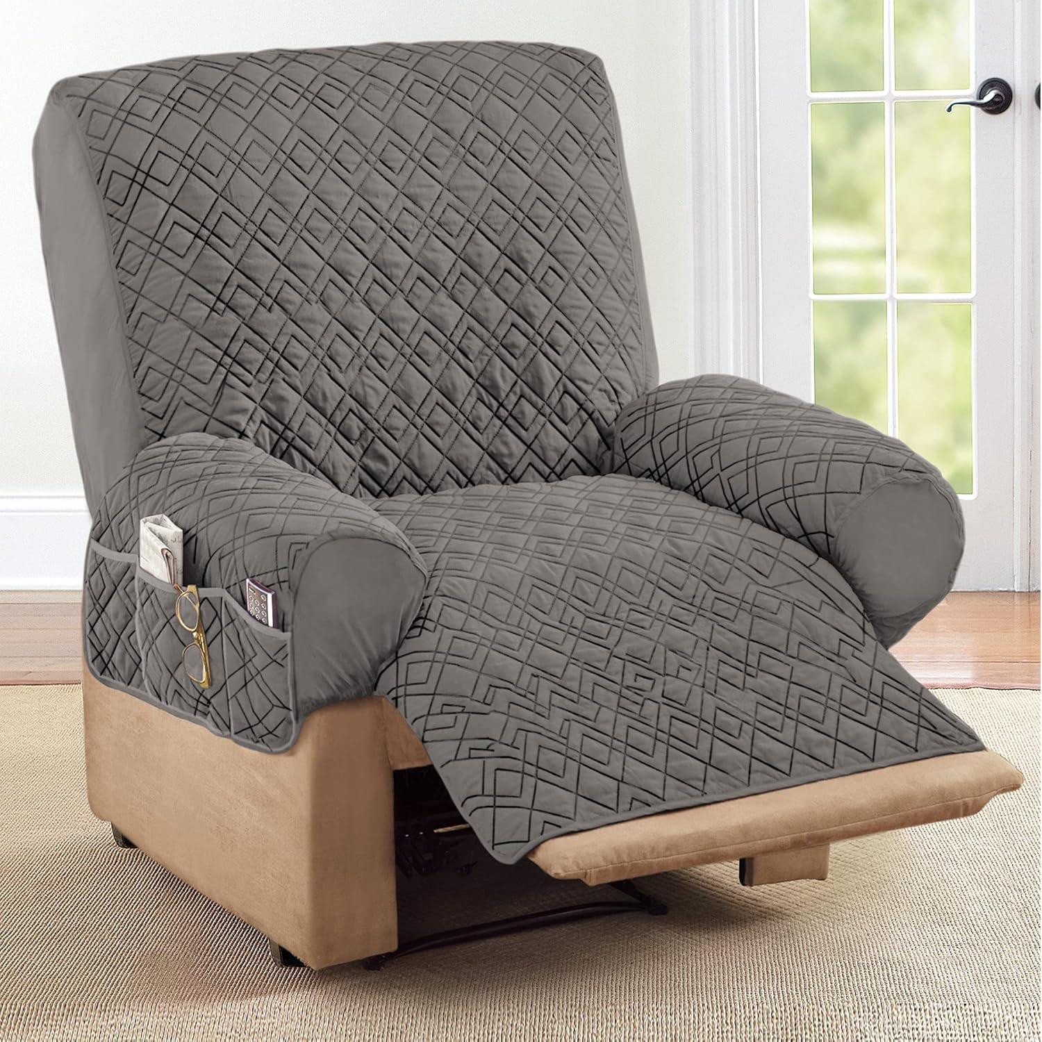 Collections Etc Diamond Quilted Stretch Recliner Cover with Storage Recliner Slate Gray
