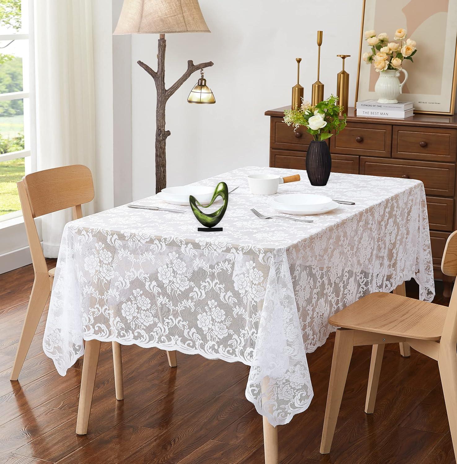 White Floral Lace Tablecloth 54" x 72" Polyester