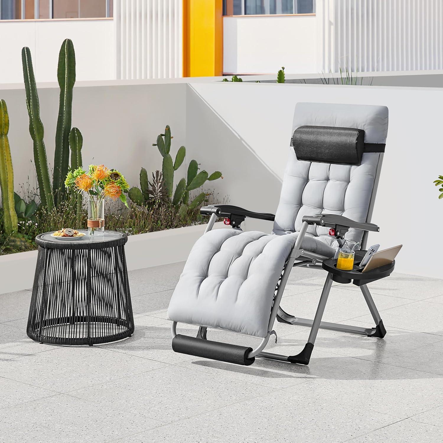 Yaheetech Zero Gravity Chair, Folding Reclining Lounge Recliner with Removable Pad & Headrest & Side Cup Holder Tray for Indoor and Outdoor Gray/2