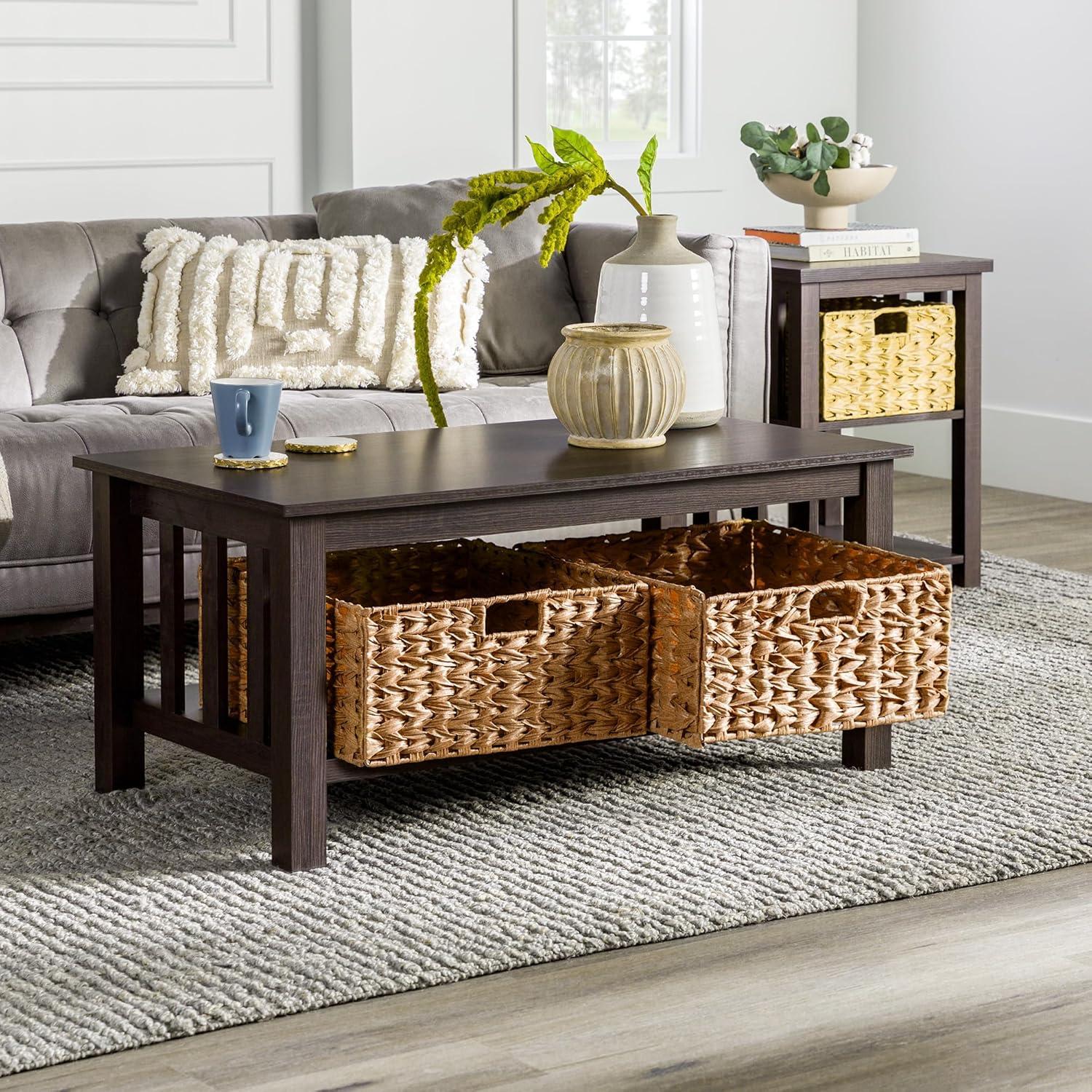 Espresso Elegance 40" Rectangular Coffee Table with Wicker Storage Baskets