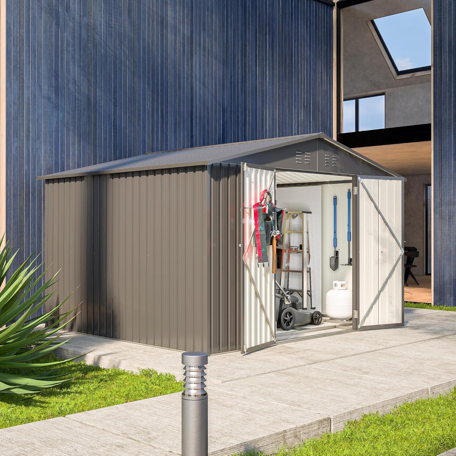 Wentygam 10X8 FT Outdoor Storage Shed, All Weather Metal Sheds With Lockable Doors, Tool Shed For Garden, Patio, Backyard, Lawn, Black