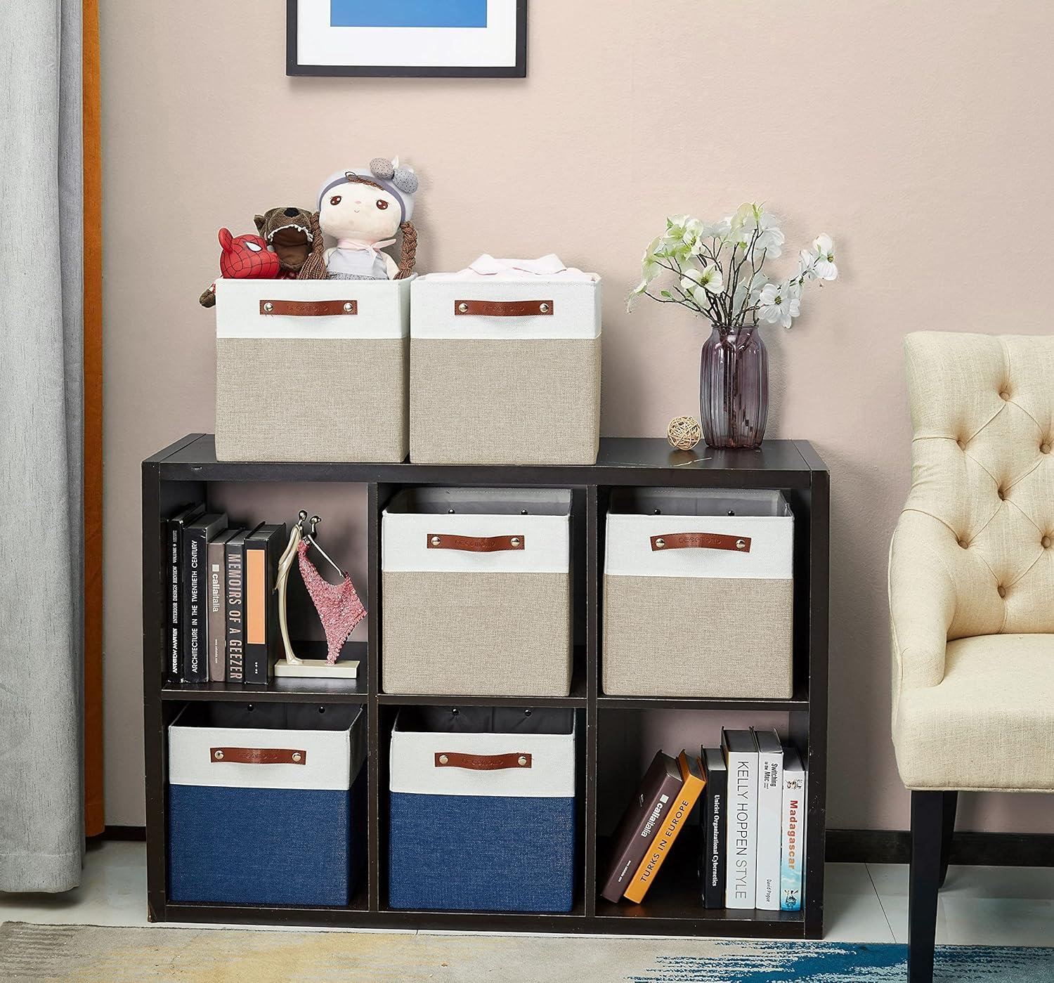 DECOMOMO Fabric Cube Storage Bins - Storage Baskets for Shelves, Cube Storage Organizer for Kallax and Cubbies (Beige & White, 11 inch Cube) - 4 Pack