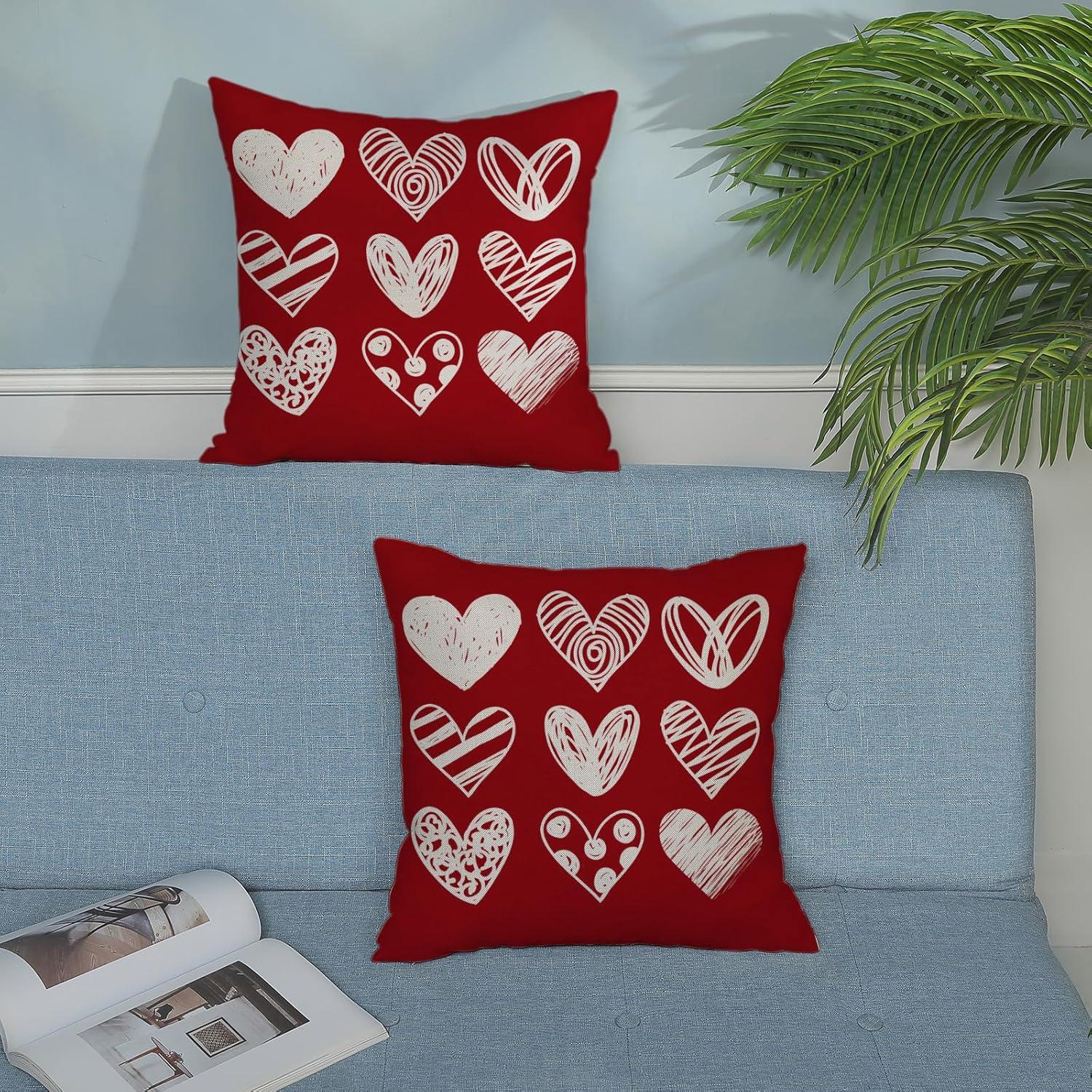 Red and White Polyester Valentine's Day Heart Pillow Covers 18x18 Inch Set