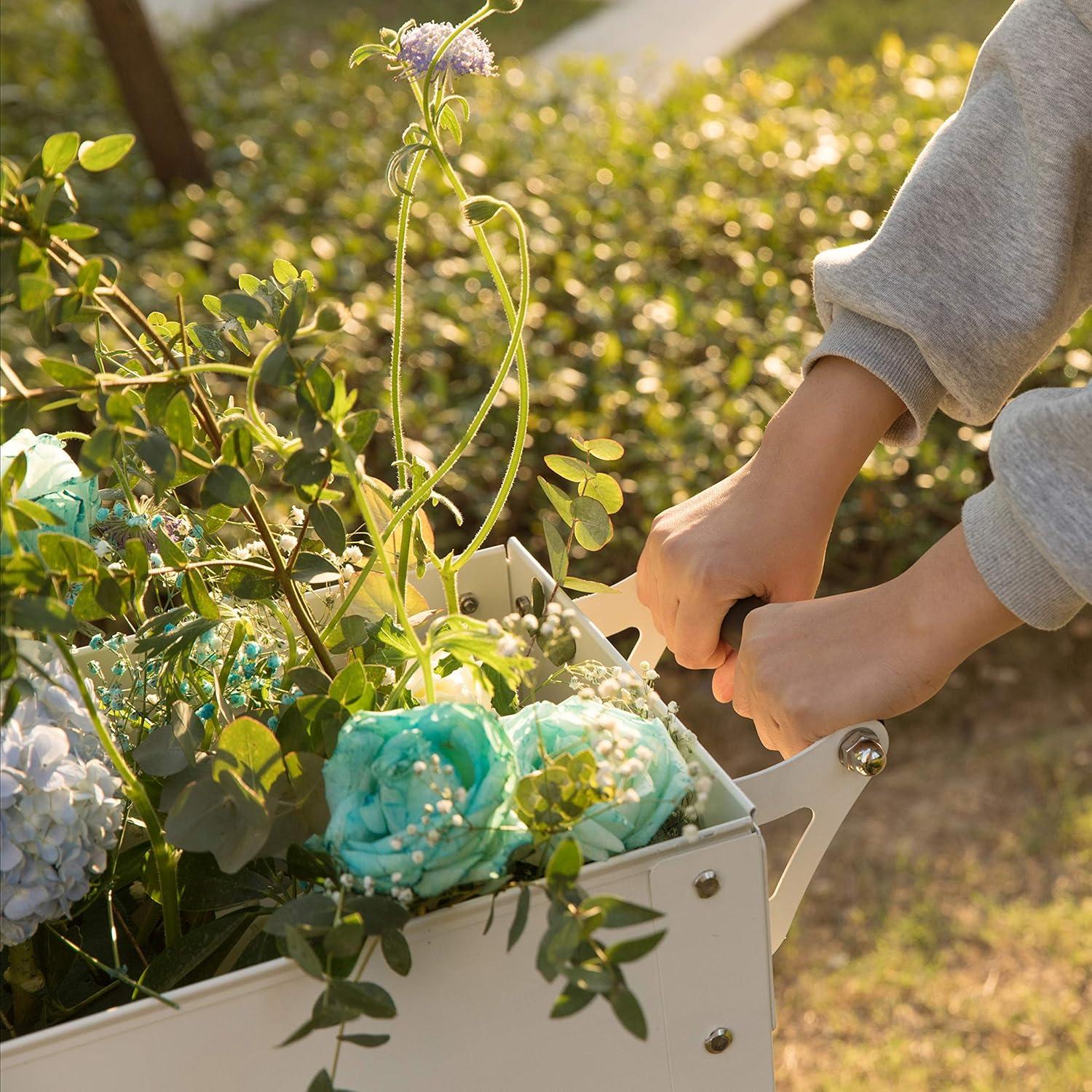 Elevated White Metal Mobile Planter Cart with Storage Shelf