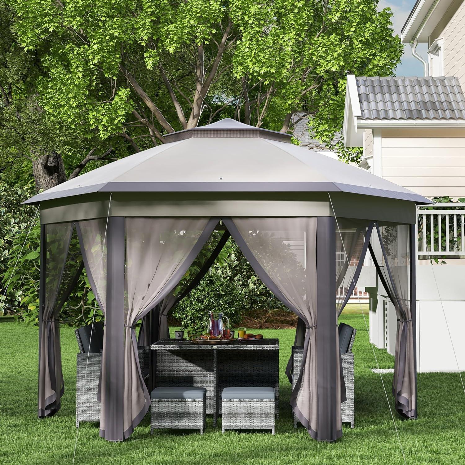 Outsunny 13' x 13' Pop Up Gazebo Hexagonal Canopy with 6 Zippered Mesh Netting, 2-Tier Roof Event Tent with Steel Frame for Patio Backyard, Coffee