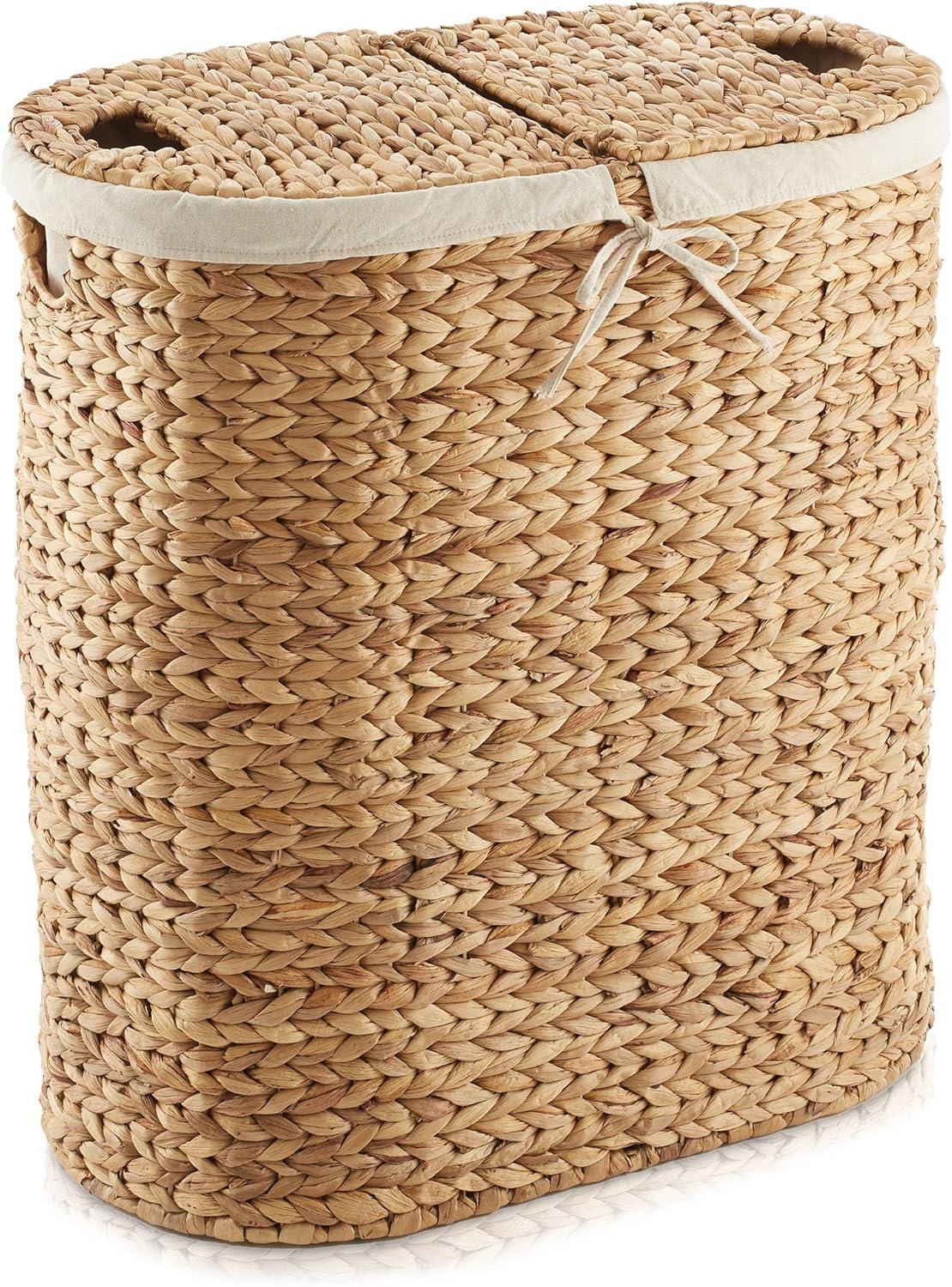 Casafield Oval Laundry Hamper with Lids and Removable Liner Bags - Natural, Woven Water Hyacinth 2-Section Laundry Basket for Clothes and Towels