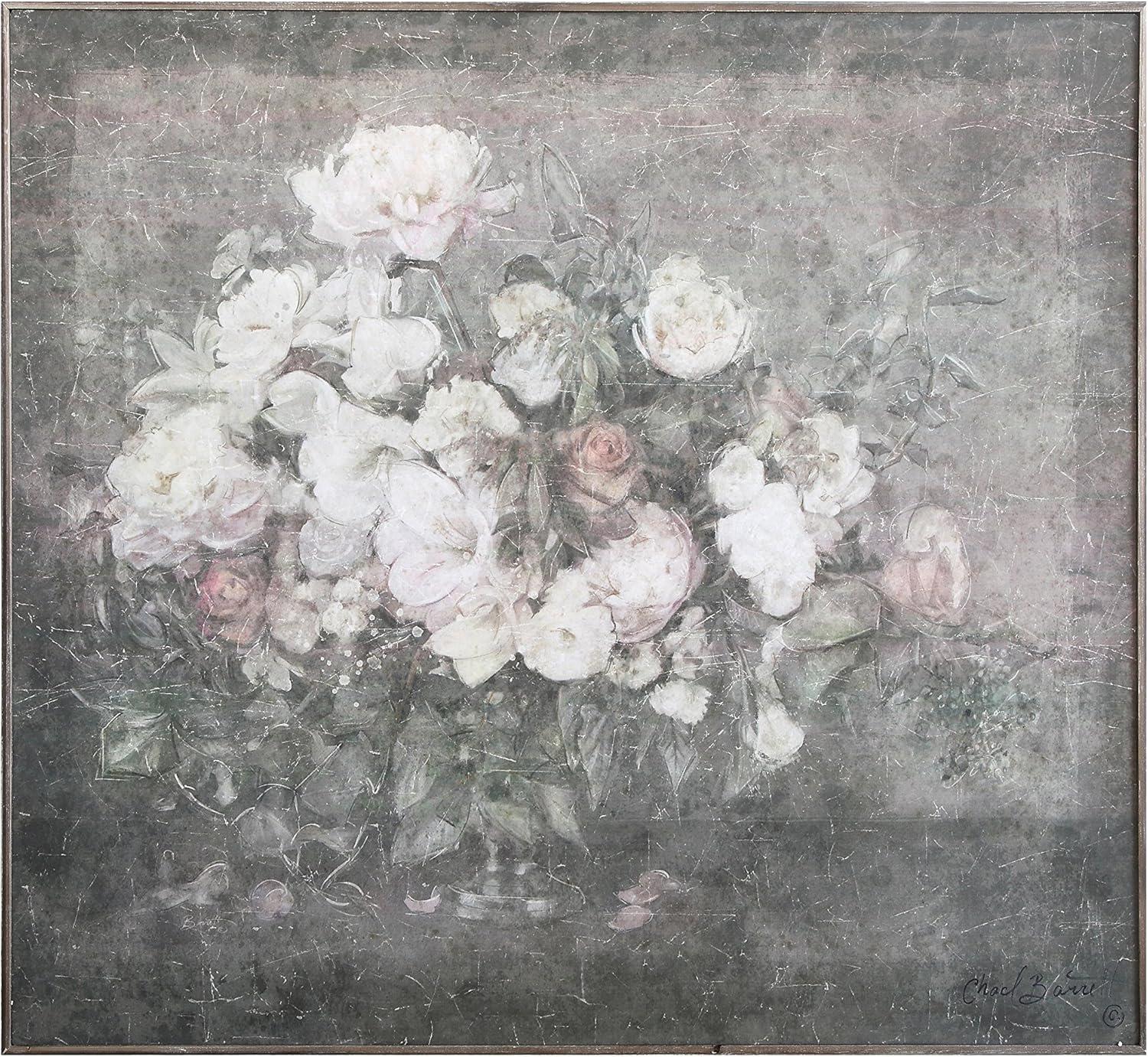 Large Gray and Pink Floral Canvas Painting with Distressed Wood Frame