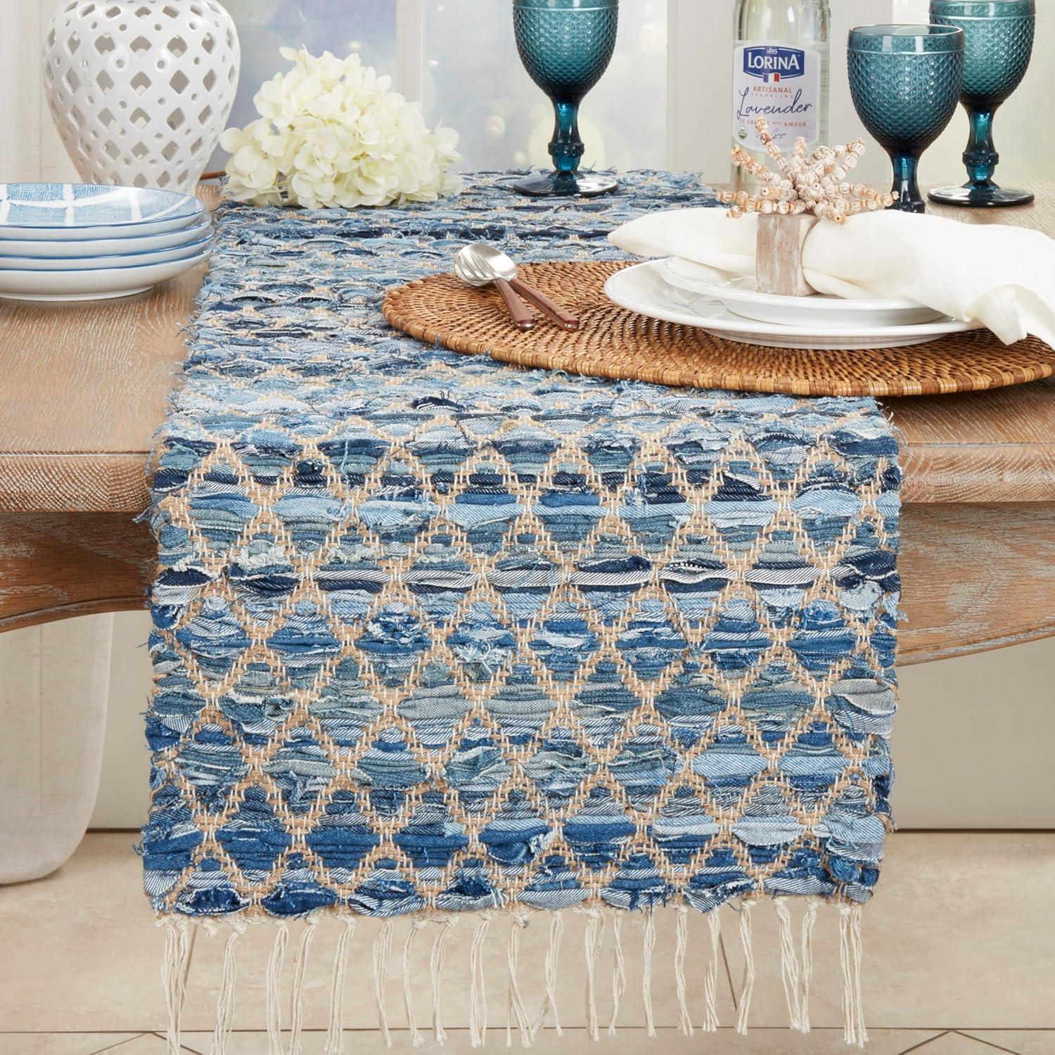 Saro Lifestyle Woven Chindi Net Fringed Table Runner, Blue, 16"x72"