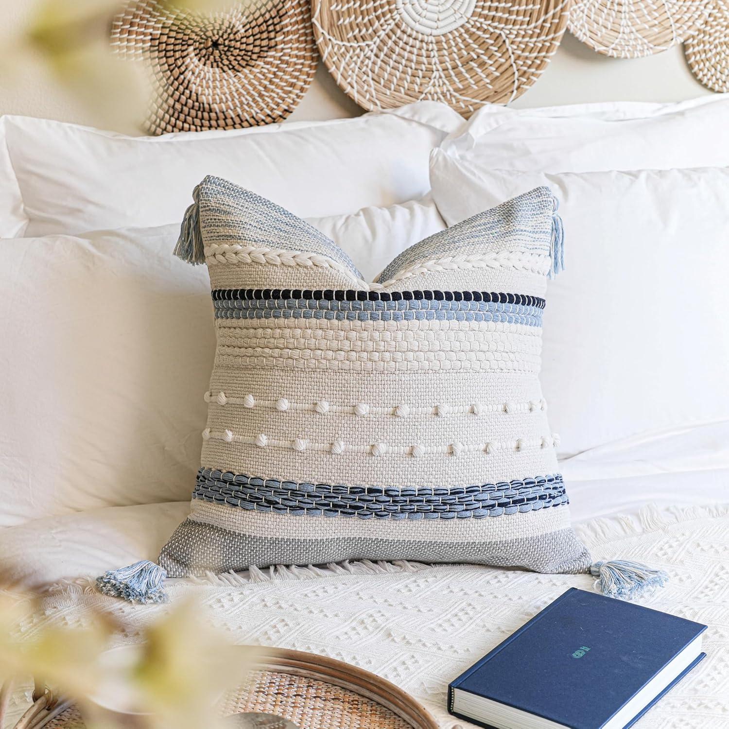 Coastal Blue and White Boho Woven Square Throw Pillow