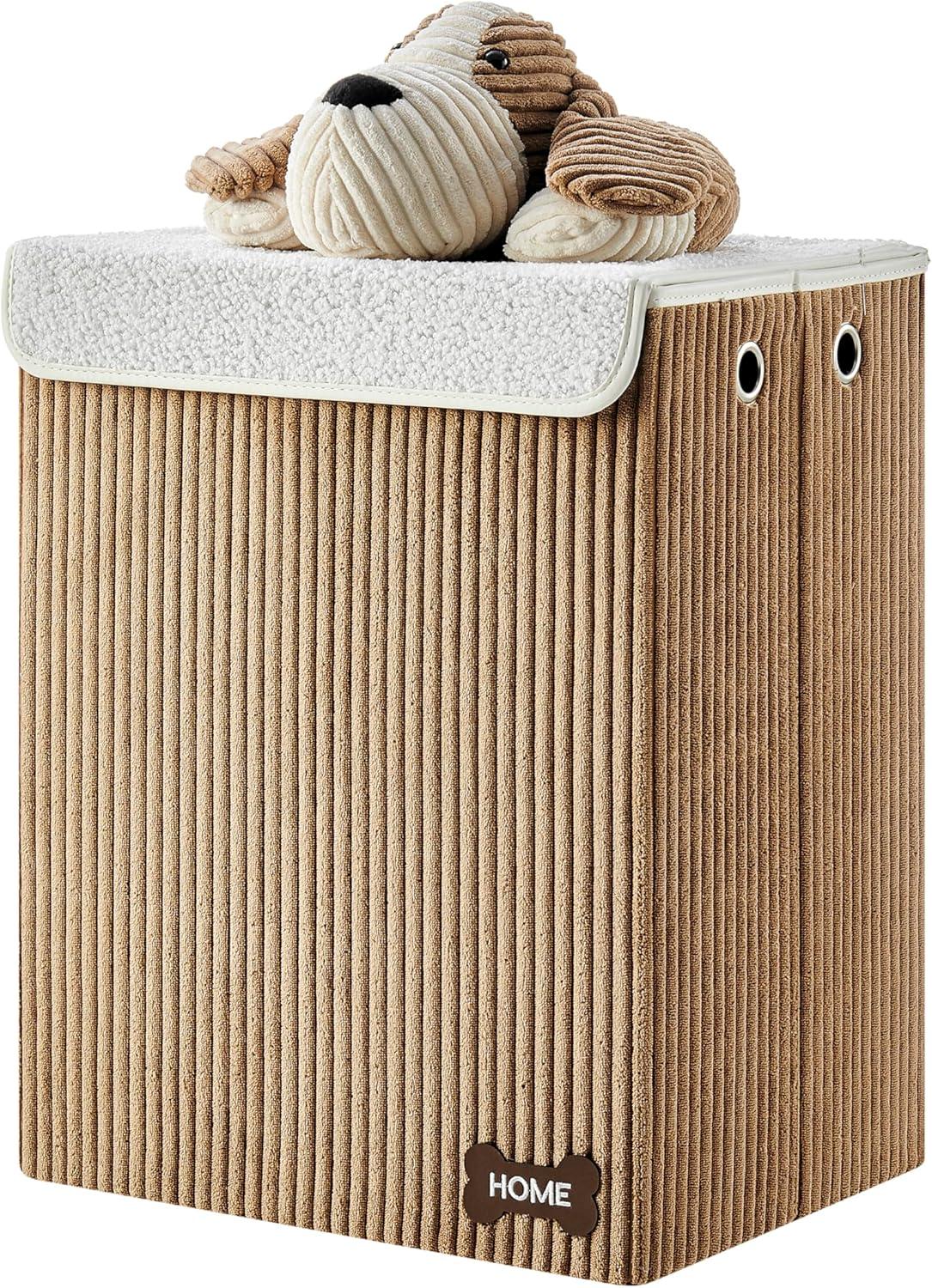 Danya B. Collapsible Folding Corduroy Kids' Laundry Hamper Toy Storage Brown with Dog Lid