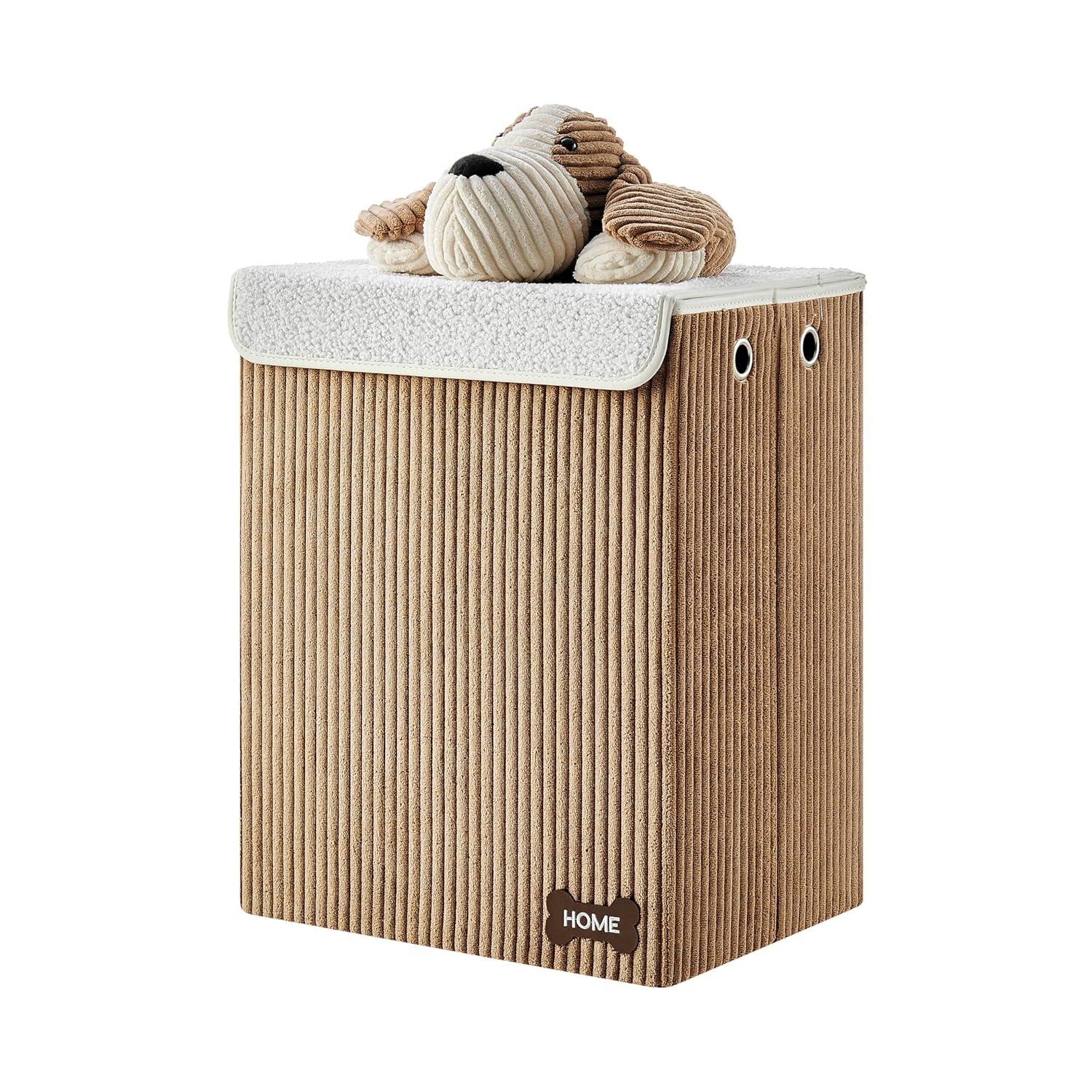 Danya B. Collapsible Folding Corduroy Kids' Laundry Hamper Toy Storage Brown with Dog Lid