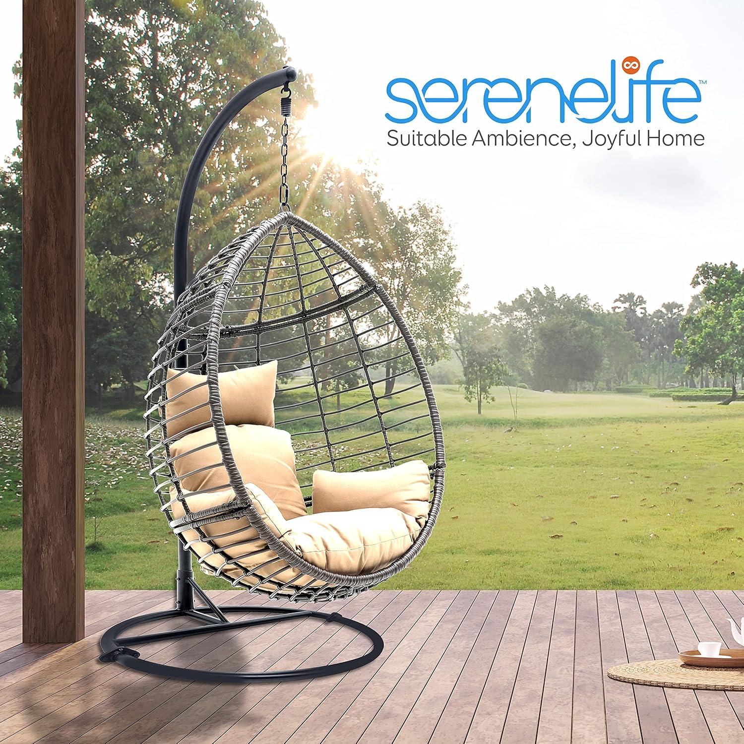 SereneLife Hanging Egg Indoor Outdoor Patio Wicker Rattan Lounge Chair with Stand - Brown