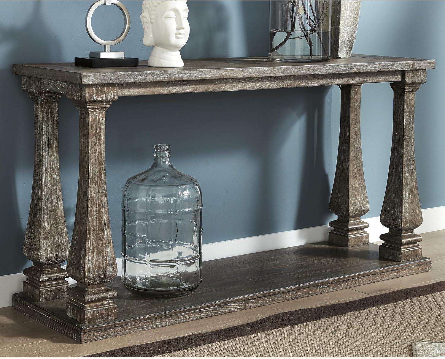 Johnelle Sofa Table Gray: Distressed Elm Veneer, Square Baluster Legs - Signature Design by Ashley