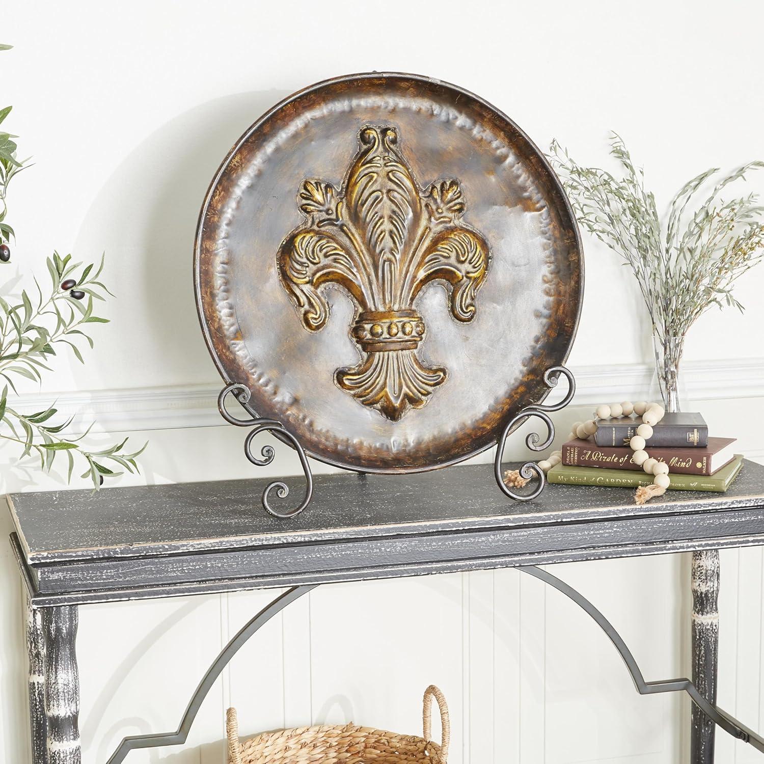 DecMode 14" Round Fleur De Lis Embossed Detail Brown Metal Charger with Stand