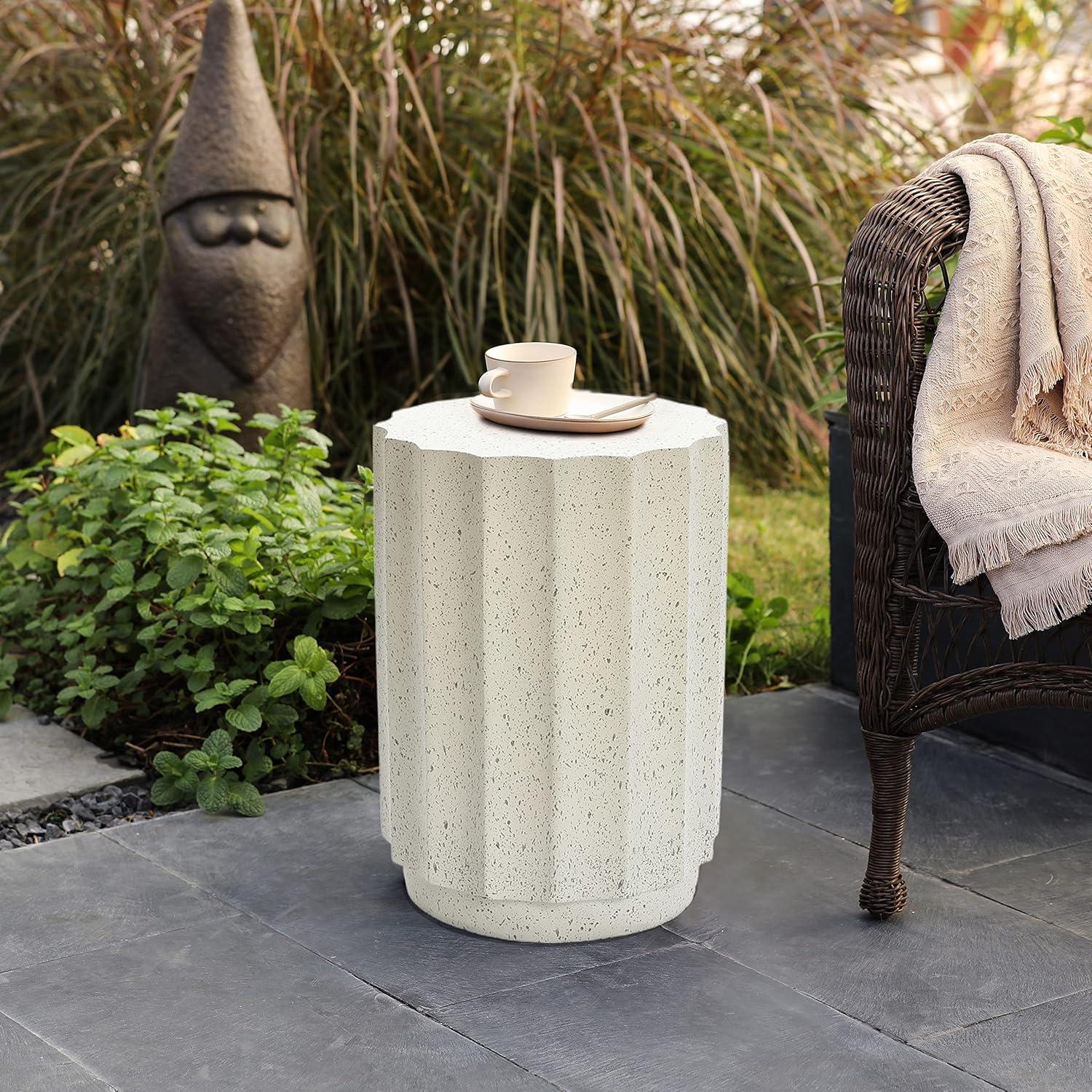 LuxenHome Round Patio Side Table Off White with Gray Cement, Accent Table for Outdoor and Indoor