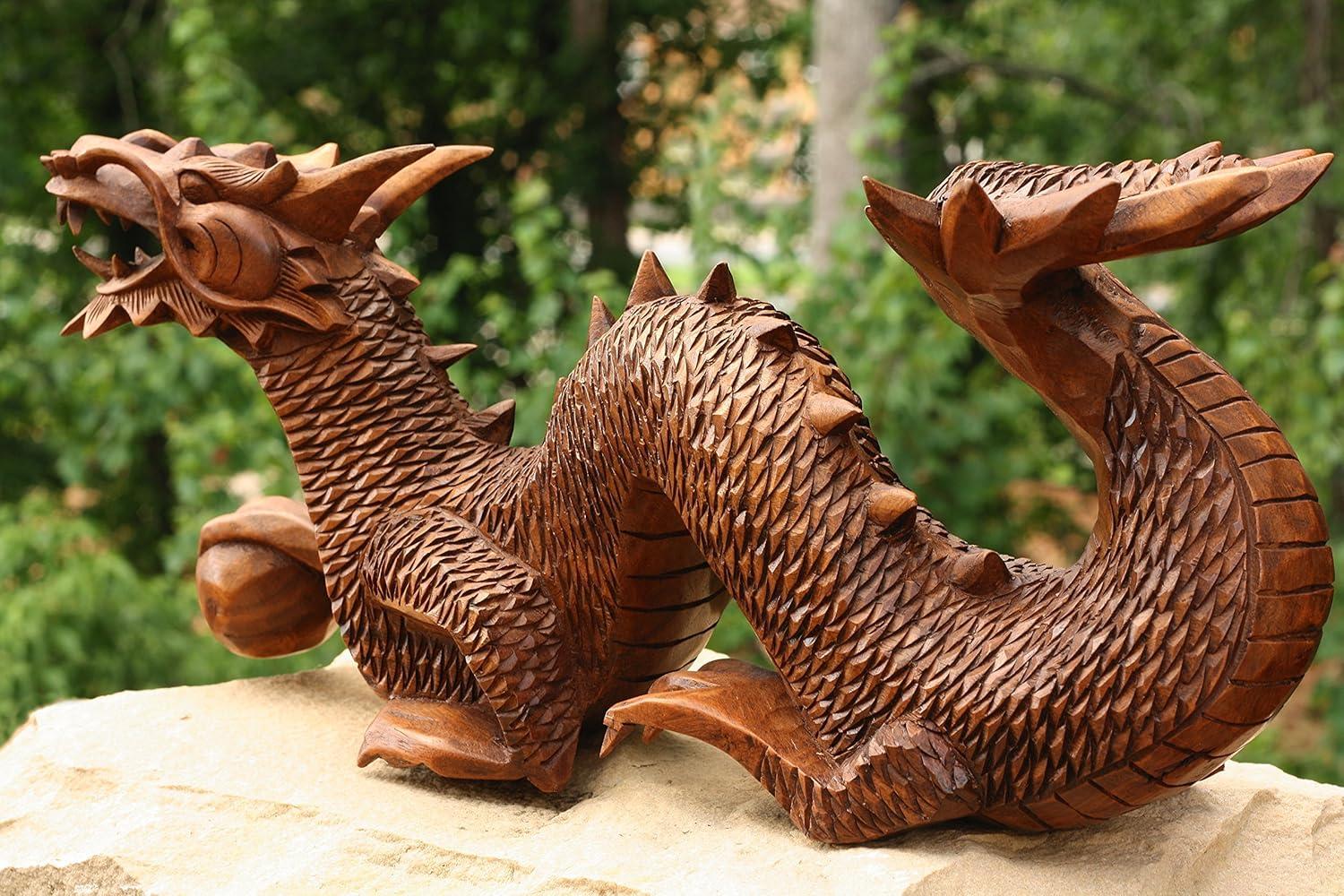 Handcrafted Suar Wood Dragon Statue, 12" Long