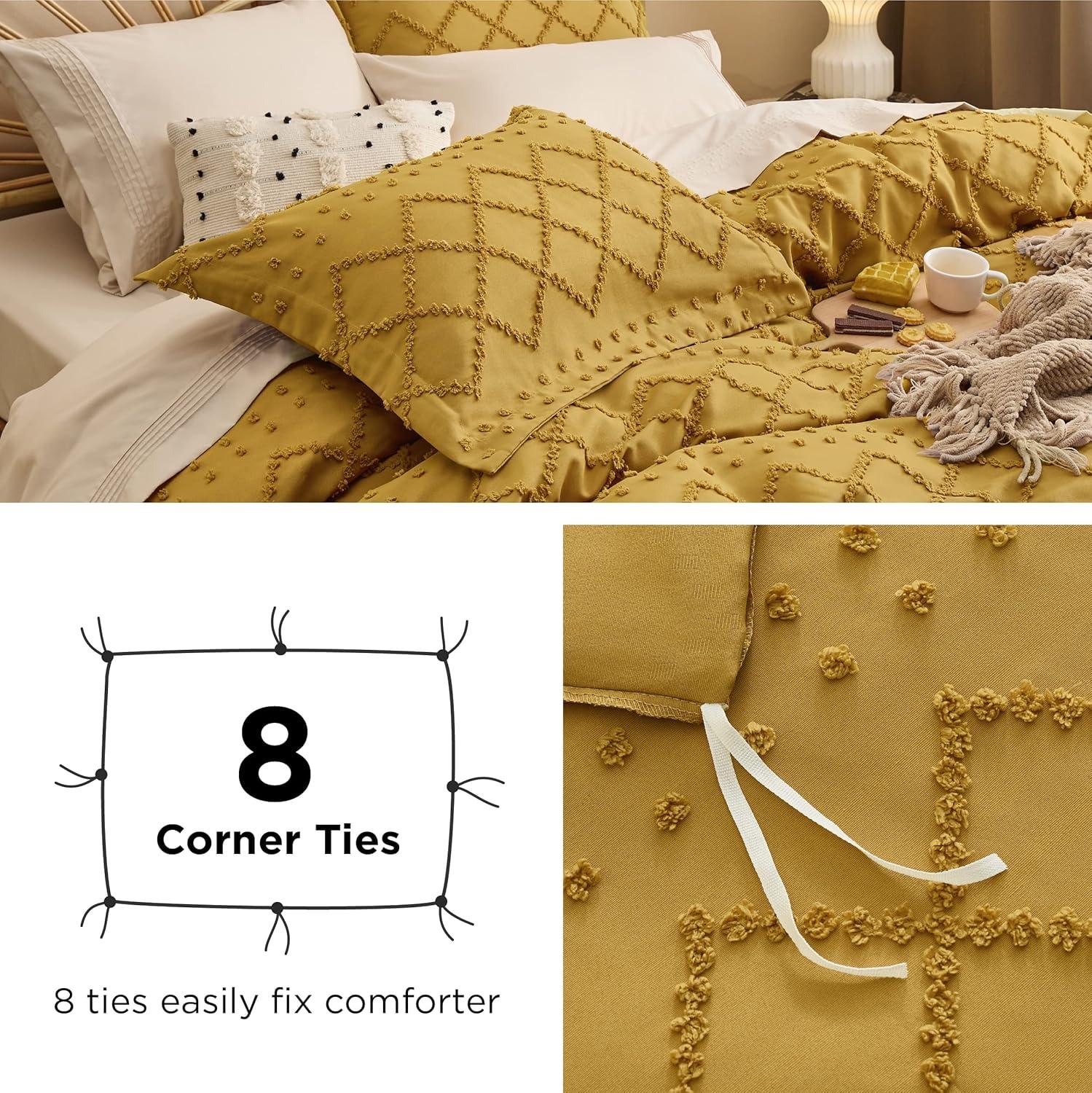 Mustard Yellow Tufted Embroidery Queen Duvet Cover Set