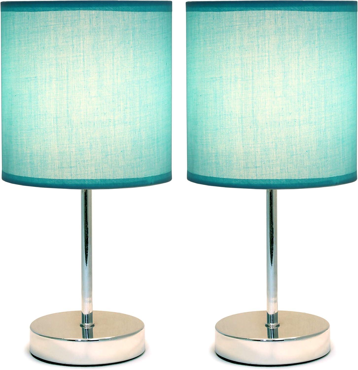 Simple Designs 11.81" 2-Pack Basic Chrome Mini Table Lamp Set with Fabric Shades, Blue