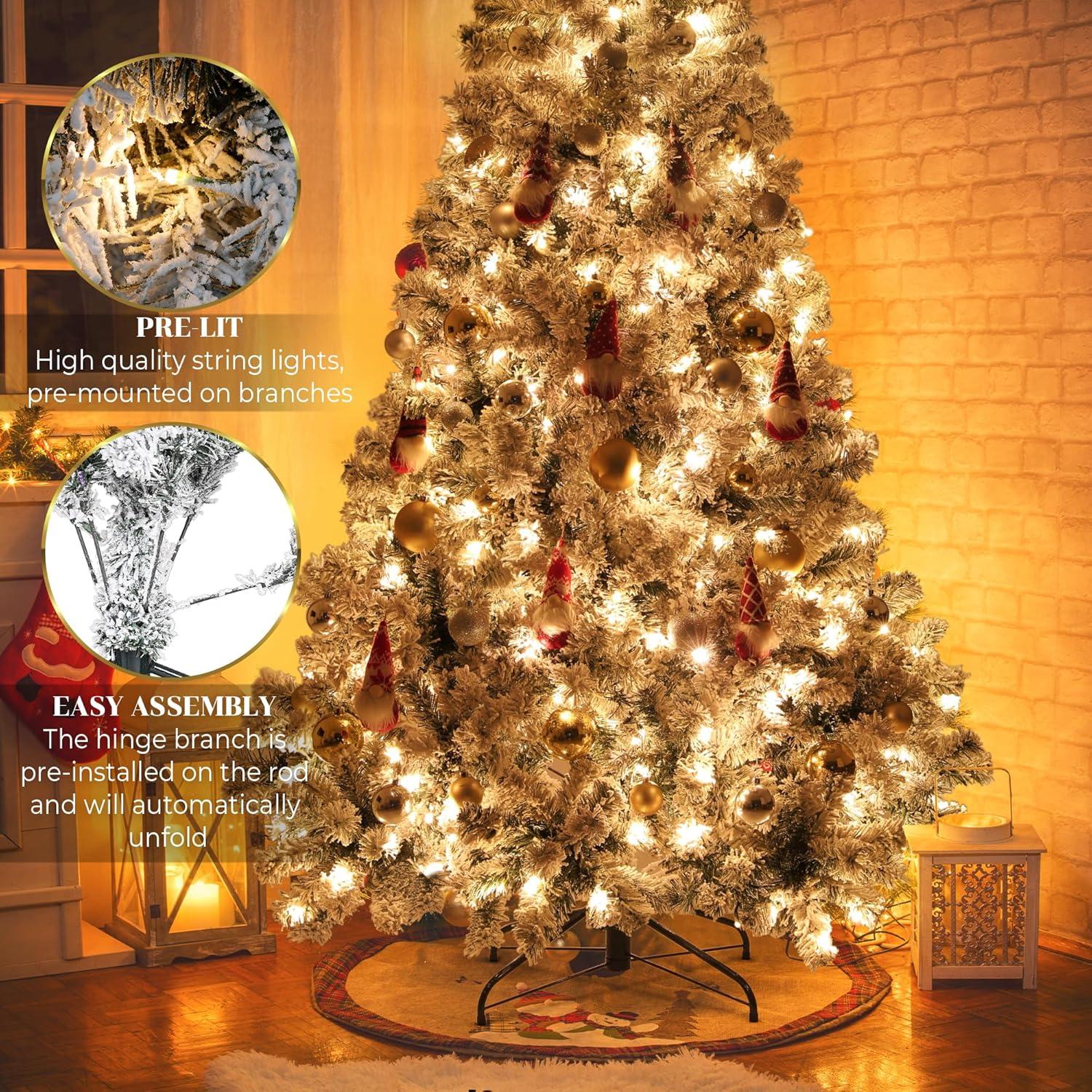 6FT Prelit Christmas Tree with Lights, Snow Flocked Artificial Christmas Tree with 250 Warm White LED Lights, 820 Branch Tips, Indoor Fake Xmas Tree for Home, Office, Party Decoration