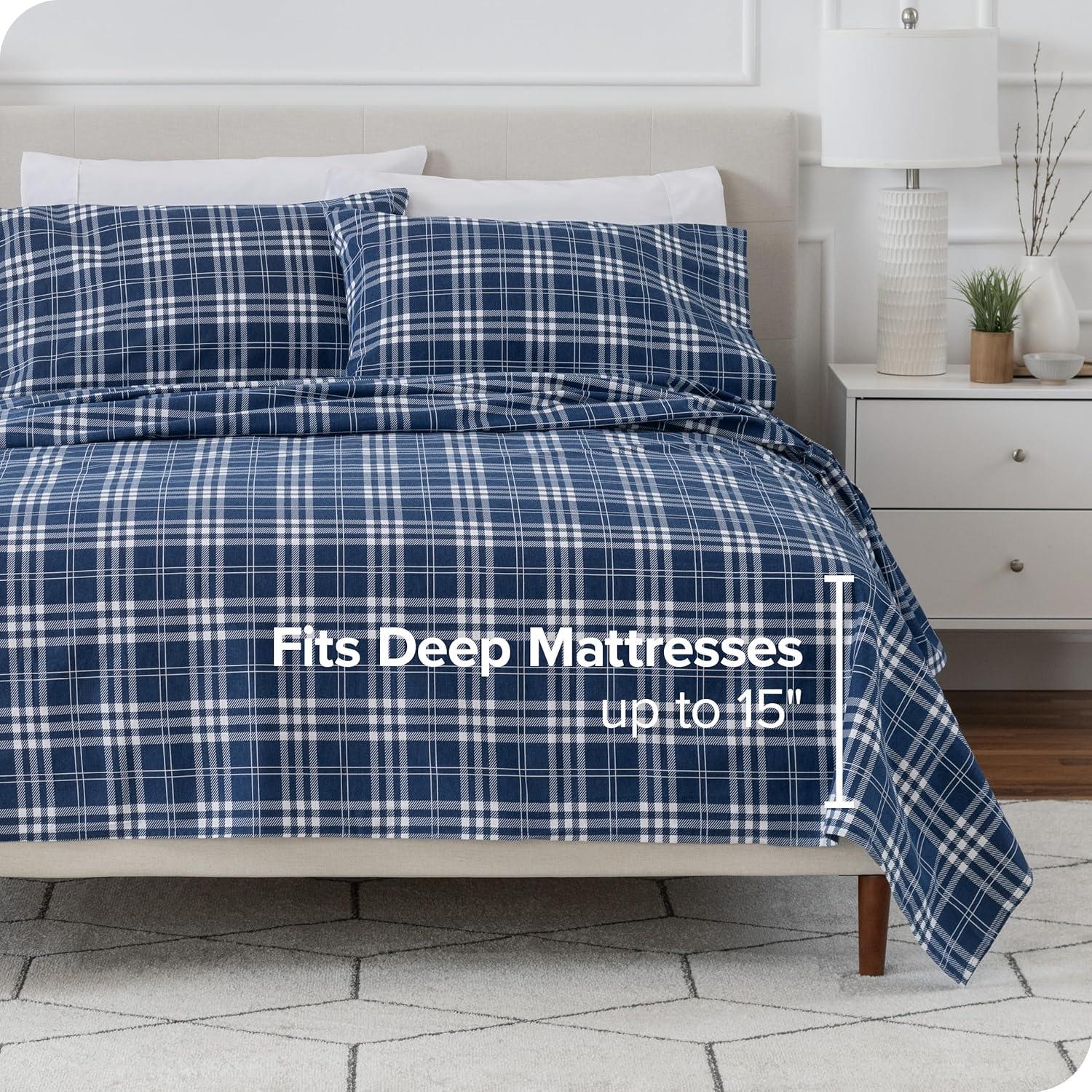 Stirling Plaid - Blue/White Cotton Flannel Twin Sheet Set by Bare Home