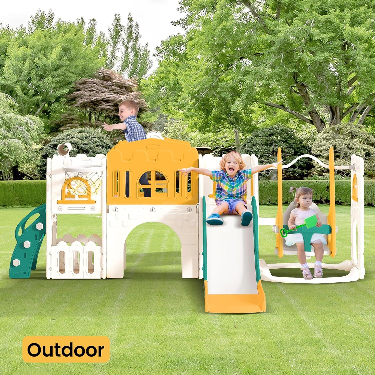 10 in 1 Toddler Slide, Age 1-3 with Swing, Basketball Hoop and Telescope, Kid Slide for Toddlers, Indoor Outdoor Playset Toddler Playground