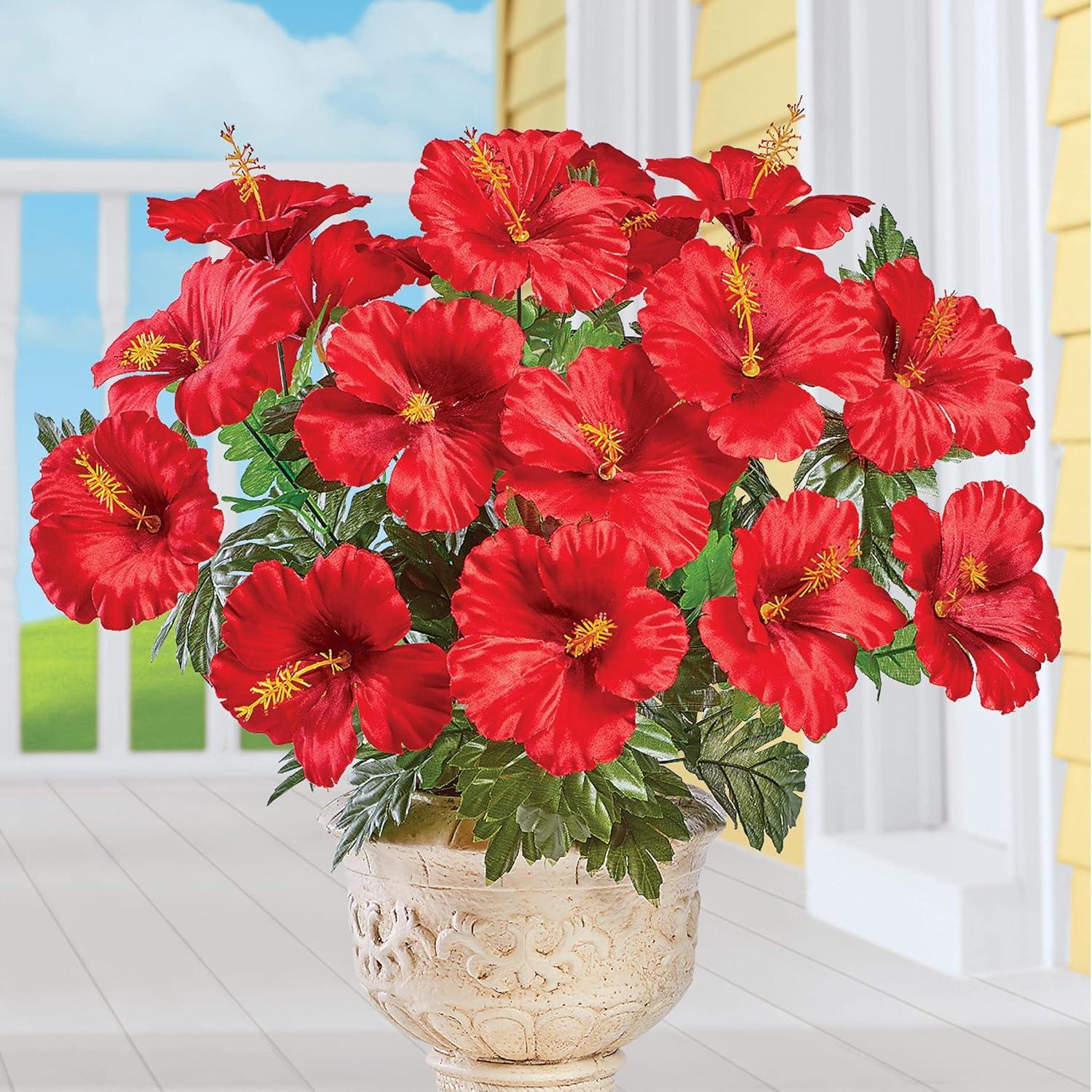 Collections Etc Bright Tropical Faux Hibiscus Bushes - Set of 3, Outdoor or Indoor Decorative Accent