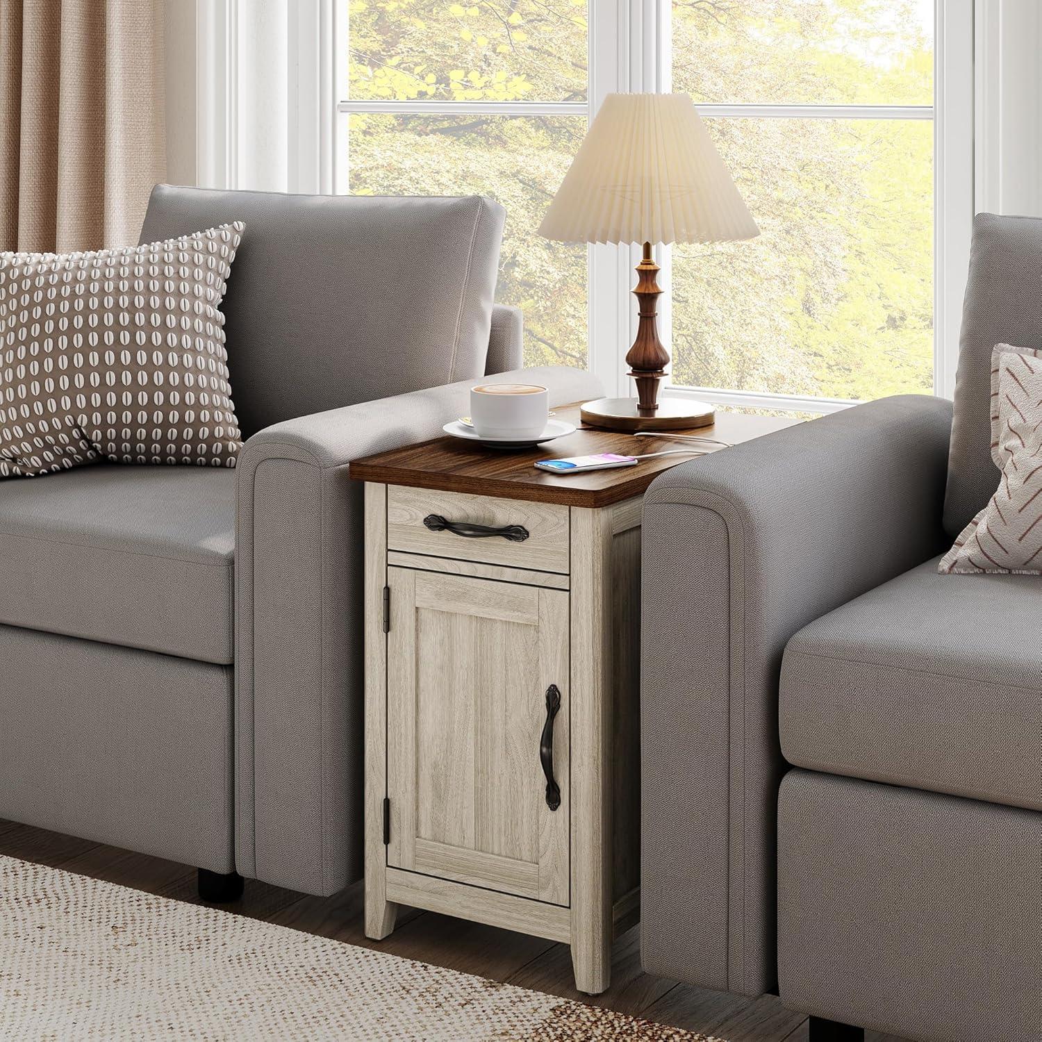 Washed Grey and Brown End Table with Charging Station and Glass Door