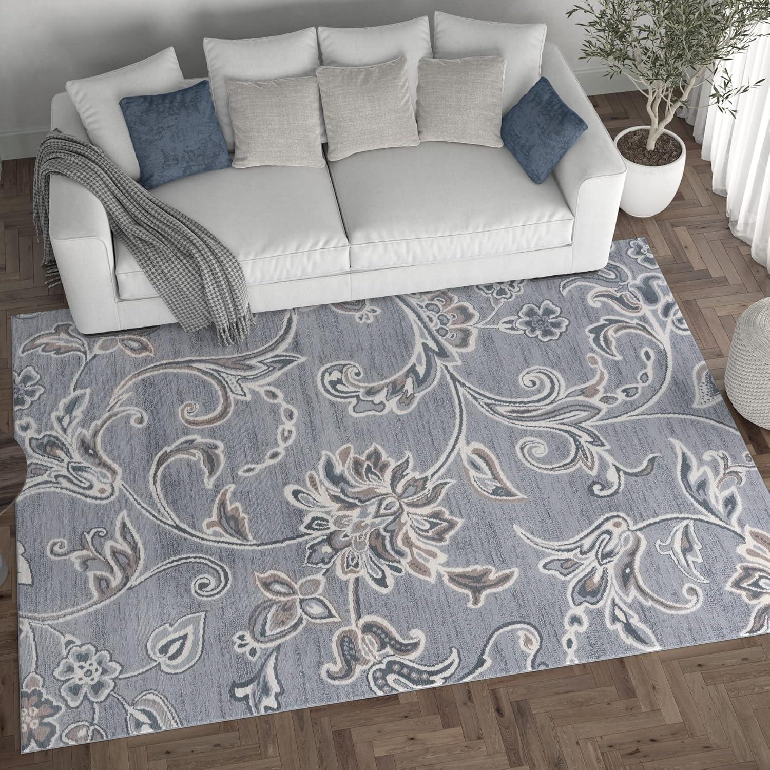 Gray Floral Reversible Synthetic Runner Rug, 2' x 10'