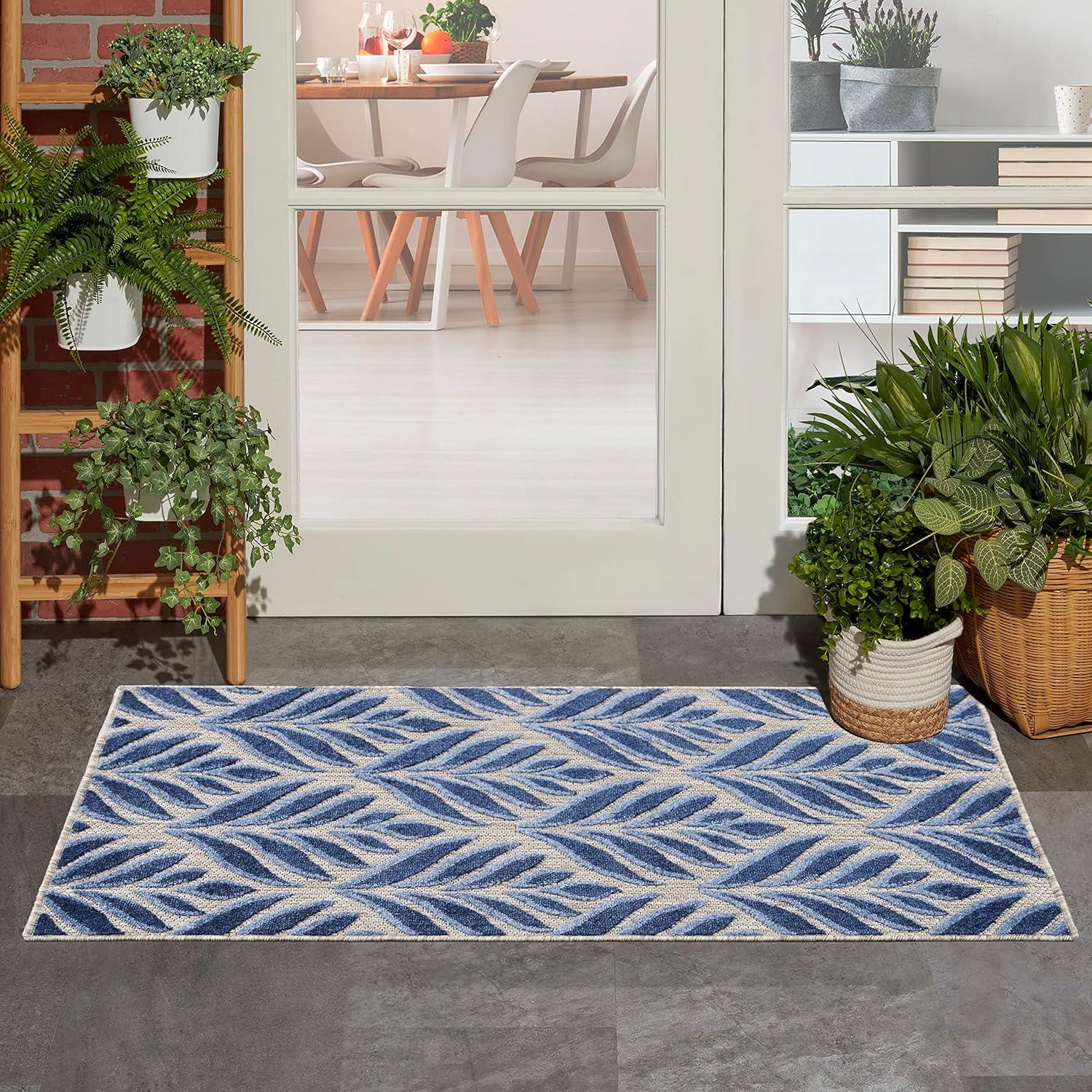 Nourison Aloha Tropical Palm Flatweave High-Low Indoor Outdoor Area Rug Blue 2'8" x 4'