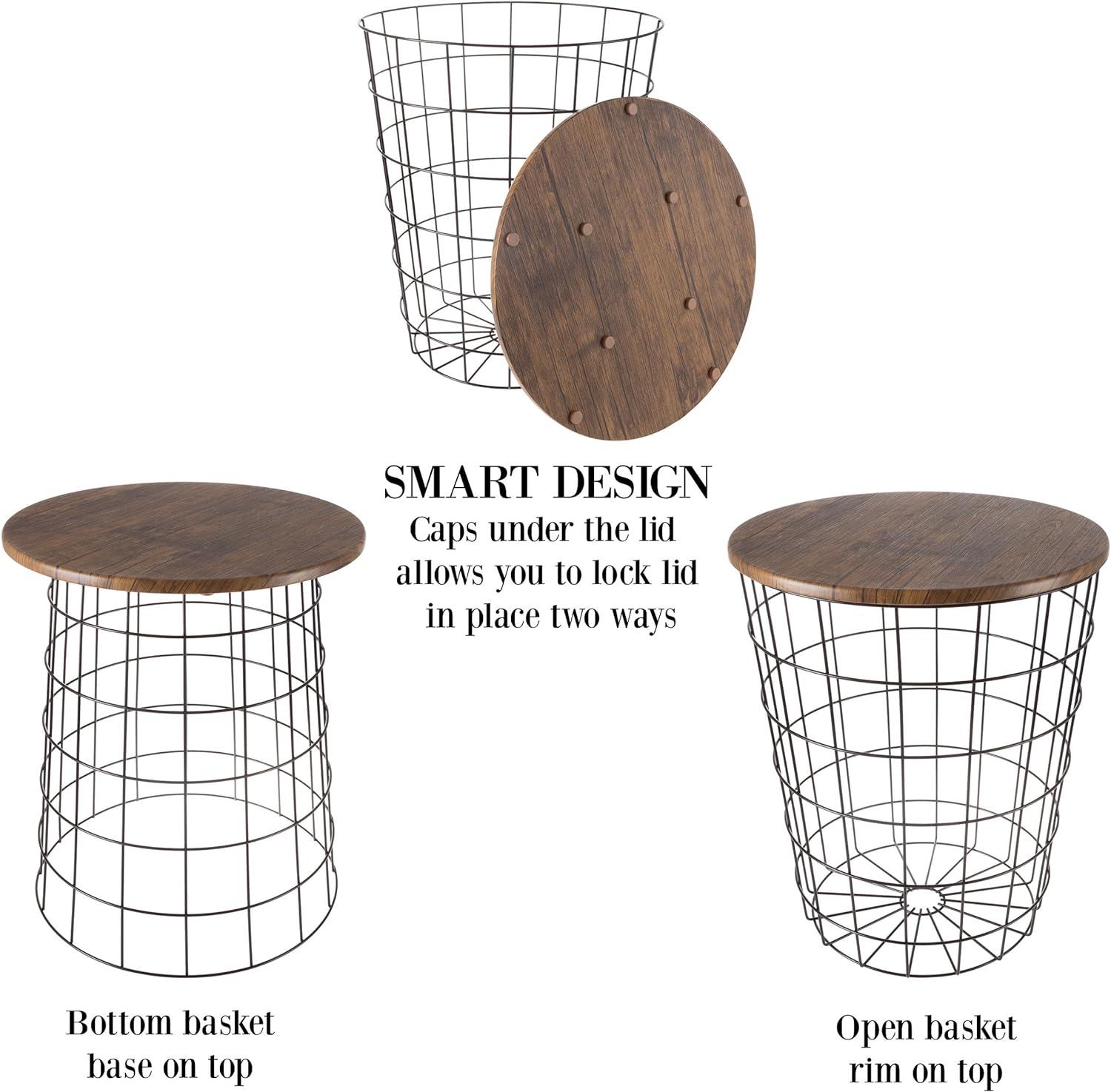 Round Wood and Metal Nesting Side Tables with Storage