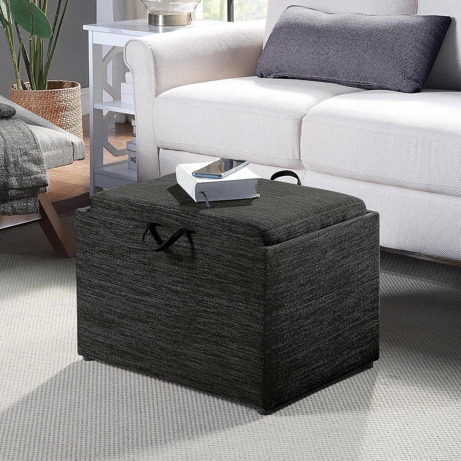 Modern Dark Charcoal Gray Fabric Storage Ottoman with Reversible Tray, 23"