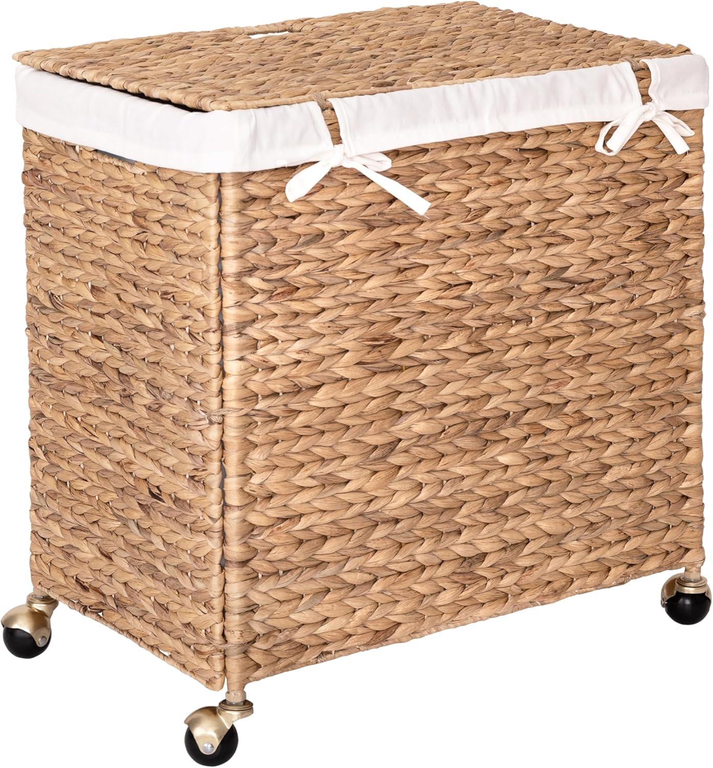 Sustainable Handwoven Lidded Rolling Laundry Sorter Hamper, Water Hyacinth