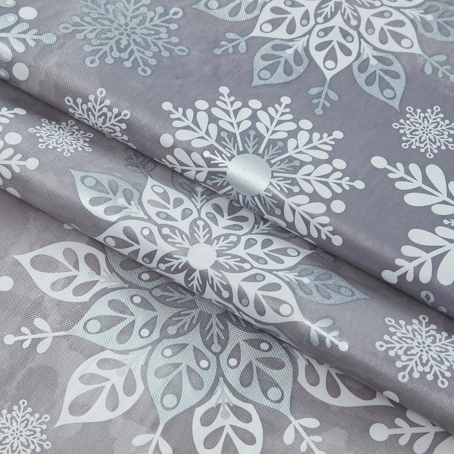 Newbridge Winter Sparkle Vinyl Flannel Backed Christmas Tablecloth - Silver Glitter Snowflake Print Wipe Clean Easy Care Holiday Tablecloth, 52in x 52in Square, Grey/Silver