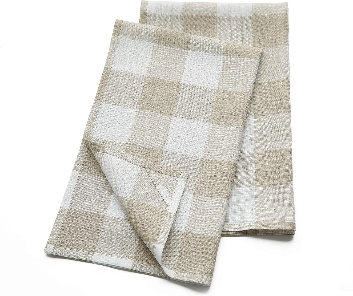 Natural and White Linen Buffalo Check Kitchen Towels Set