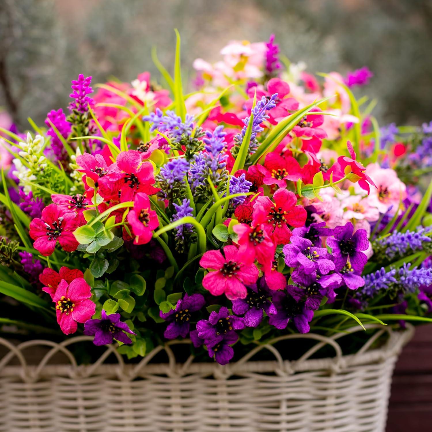 Artificial Flowers Outdoor Shrubs - 16 Bundles Fake Plants UV Resistant No Fade Faux Plastic Greenery Home Garden Porch Patio Decoration Office Indoor (1, Multi-16pcs)