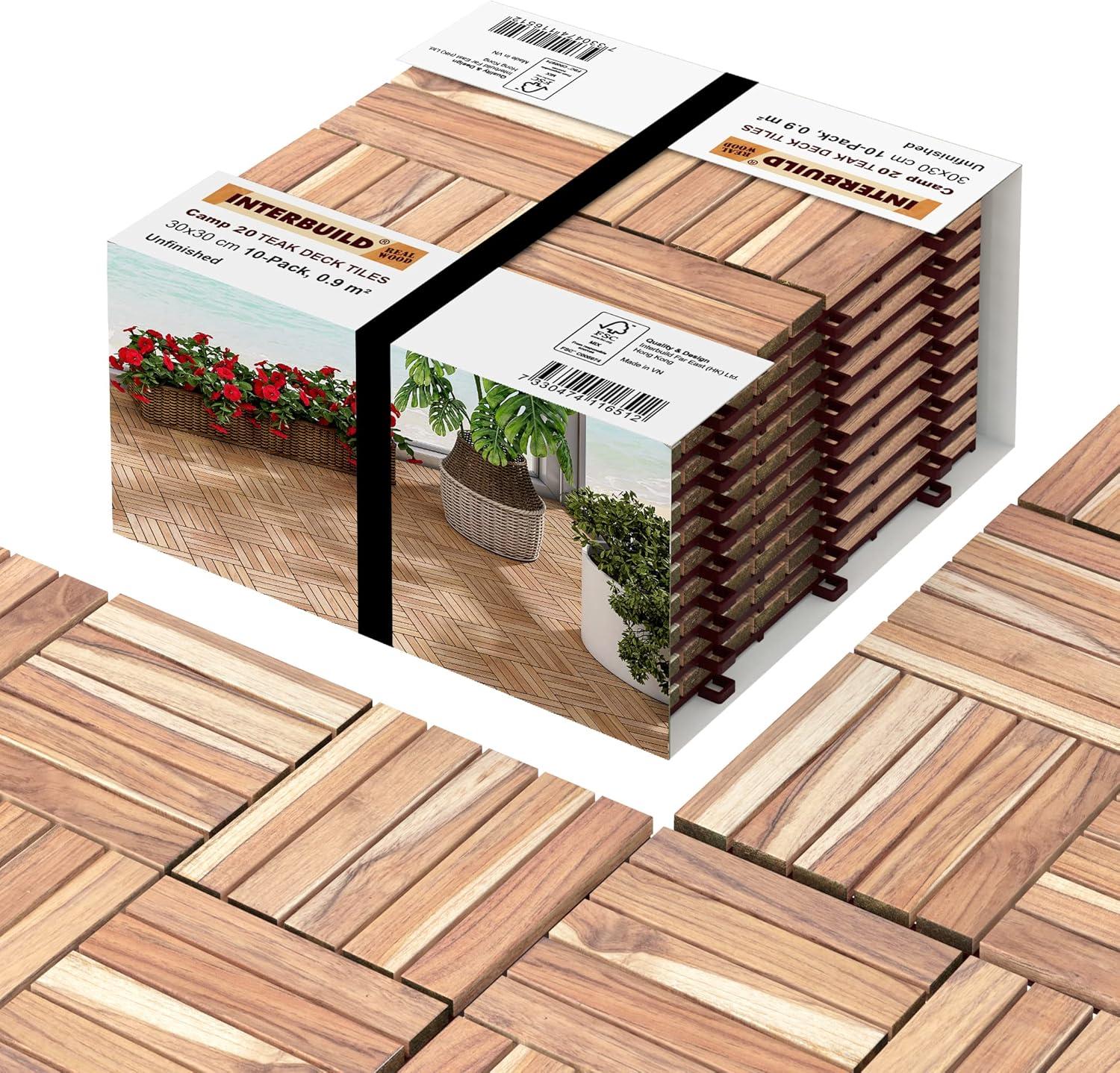 Teak Hardwood Interlocking Deck Tiles, 12" x 12", Pack of 10