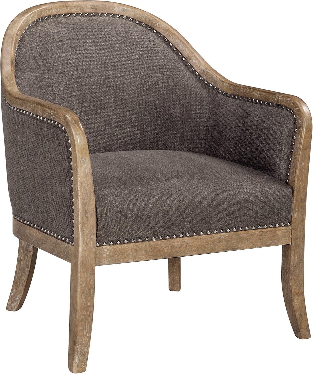 Brown Distressed Wood Frame Accent Chair with Taupe Upholstery