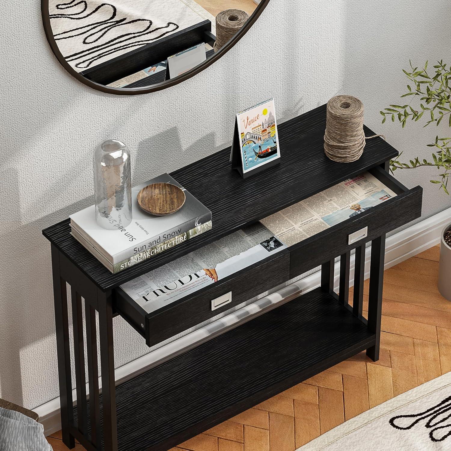 Black Entryway Table With Drawer, Narrow Console Table, Sofa Table With Storage Shelf For Entryway, Living Room And Hallway