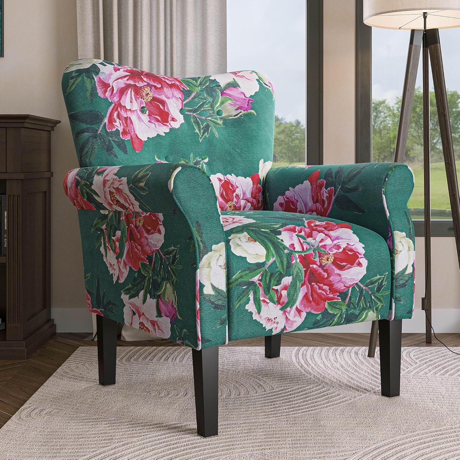 BELLEZE Modern Accent Chair for Living Room, High Back Linen Armchair with Wooden Legs, Upholstered Wingback Side Chair Padded Armrest Single Sofa for Living Room, Bedroom - Allston (Green & Flower)